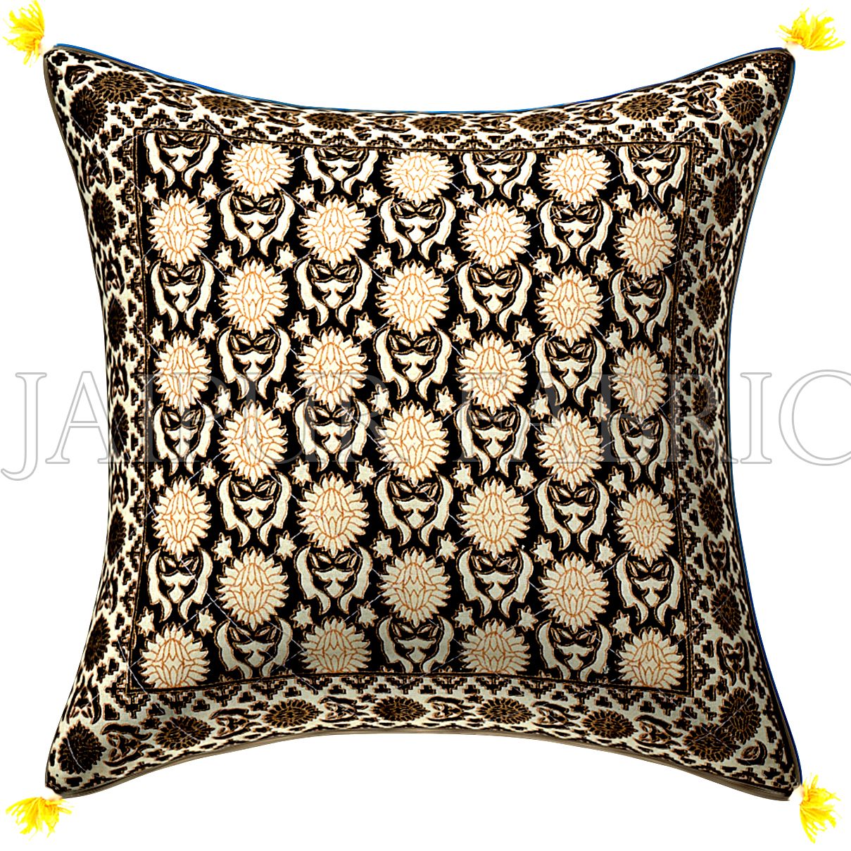 Black Base Cream Flower With Golden Print  Cotton Cushion Cover