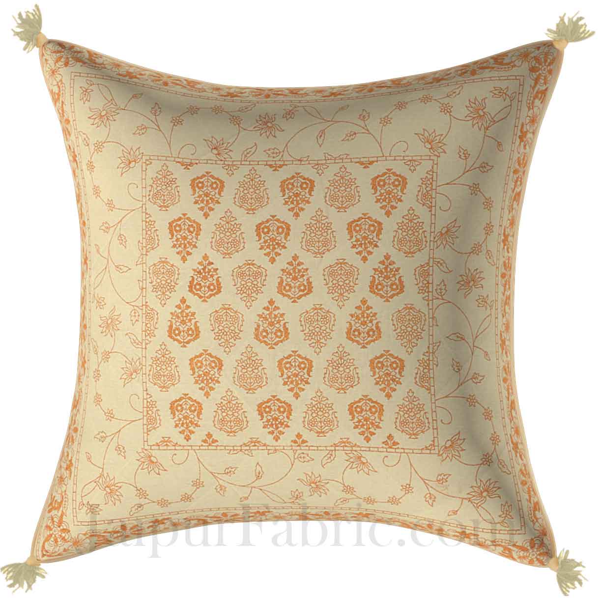 White Base Golden  Brown Print Cotton Cushion Cover