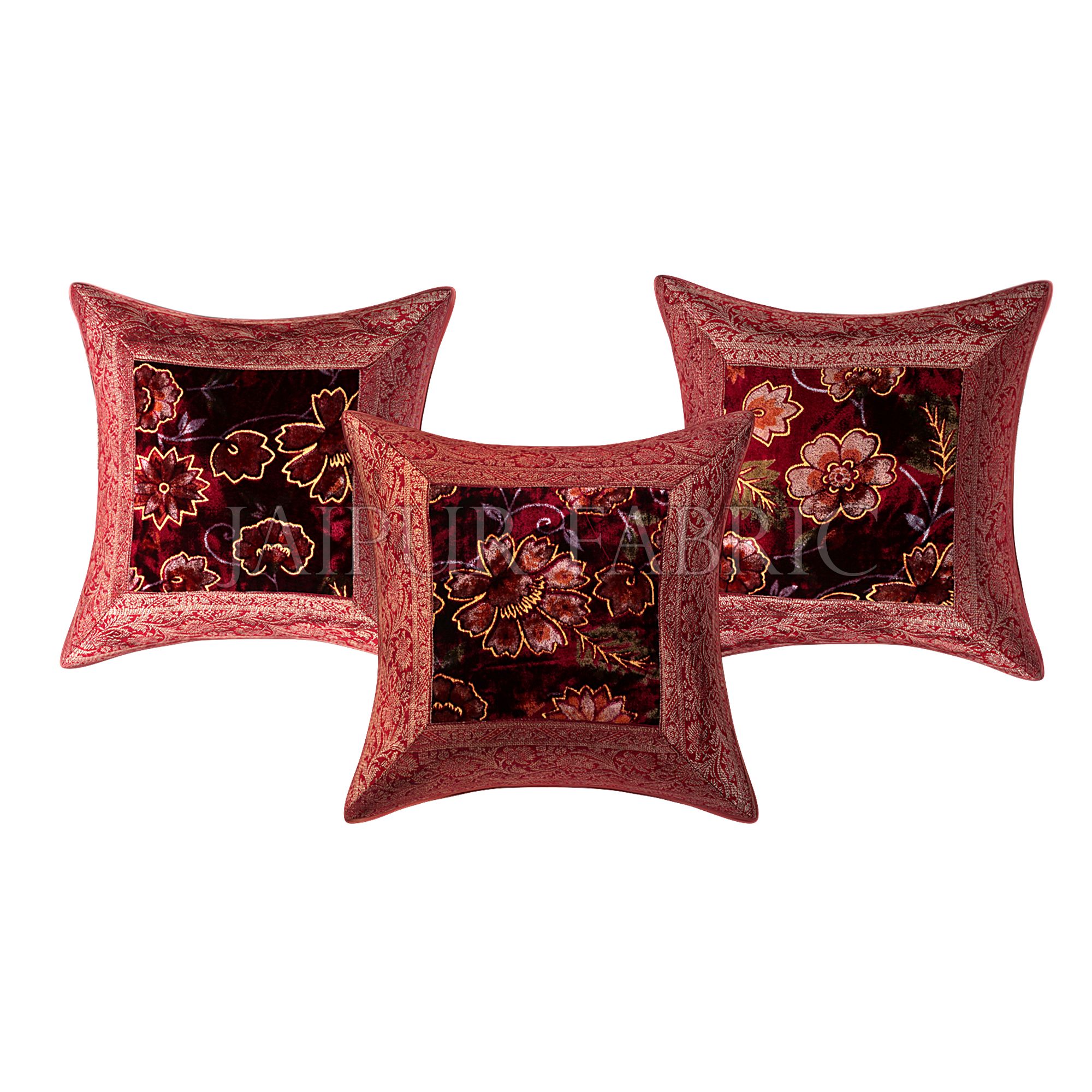 Maroon  Base Gota Work Maroon Border  Floral Print  Velvet Cushion Cover