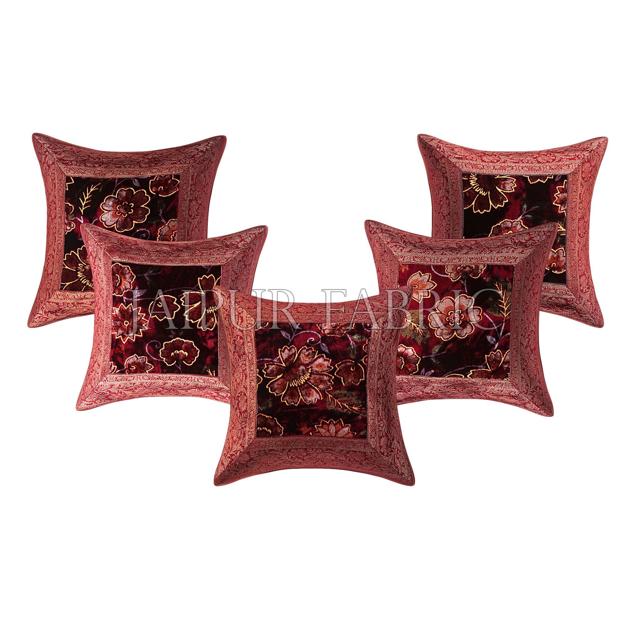 Maroon  Base Gota Work Maroon Border  Floral Print  Velvet Cushion Cover