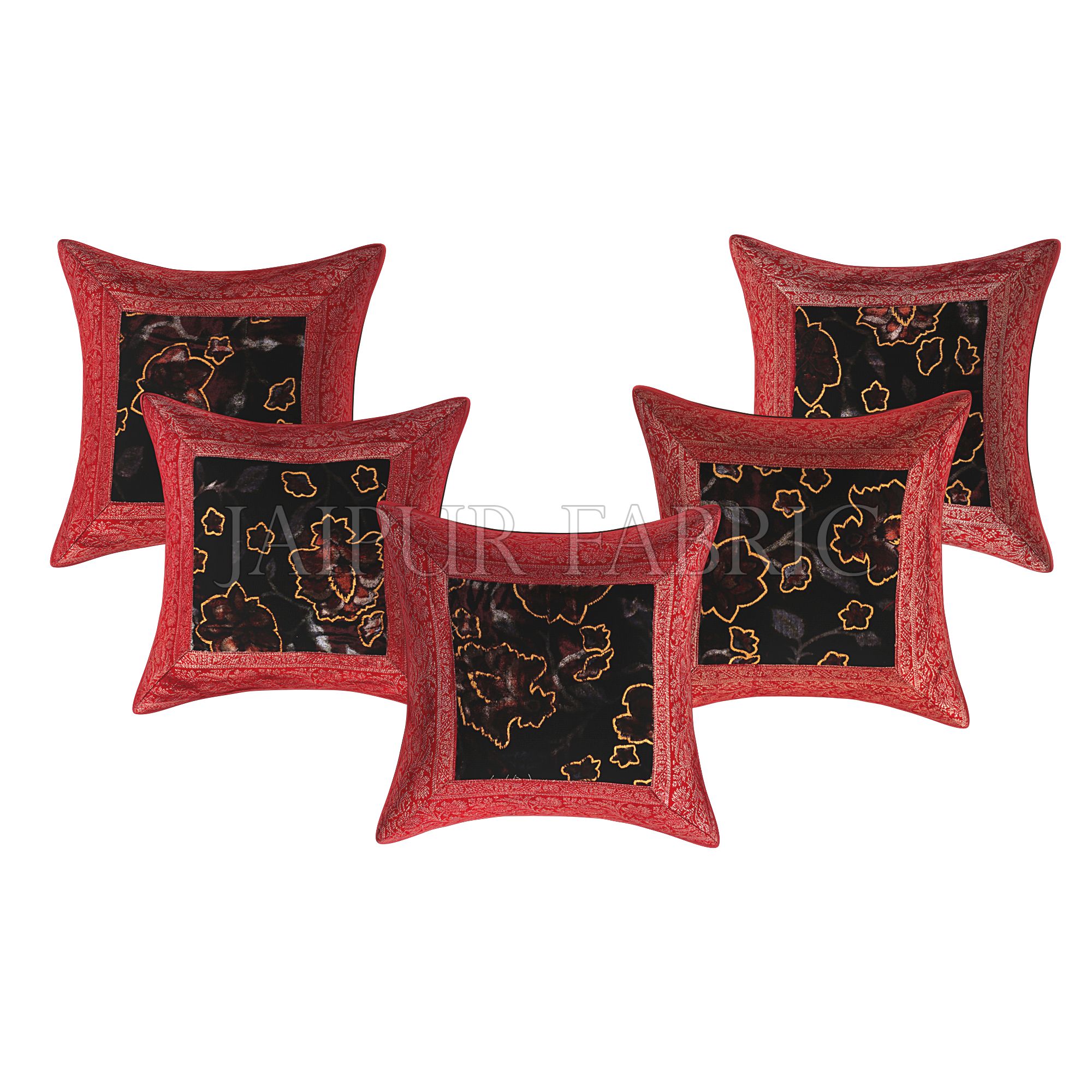 Brown Base Gota Work Red Border Velvet Floral Print Velvet Cushion Cover