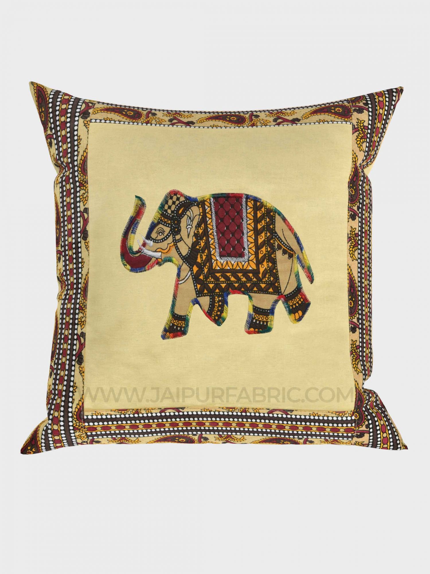 Applique Cream Elephant Jaipuri Hand Made Embroidery Patch Work Cushion Cover