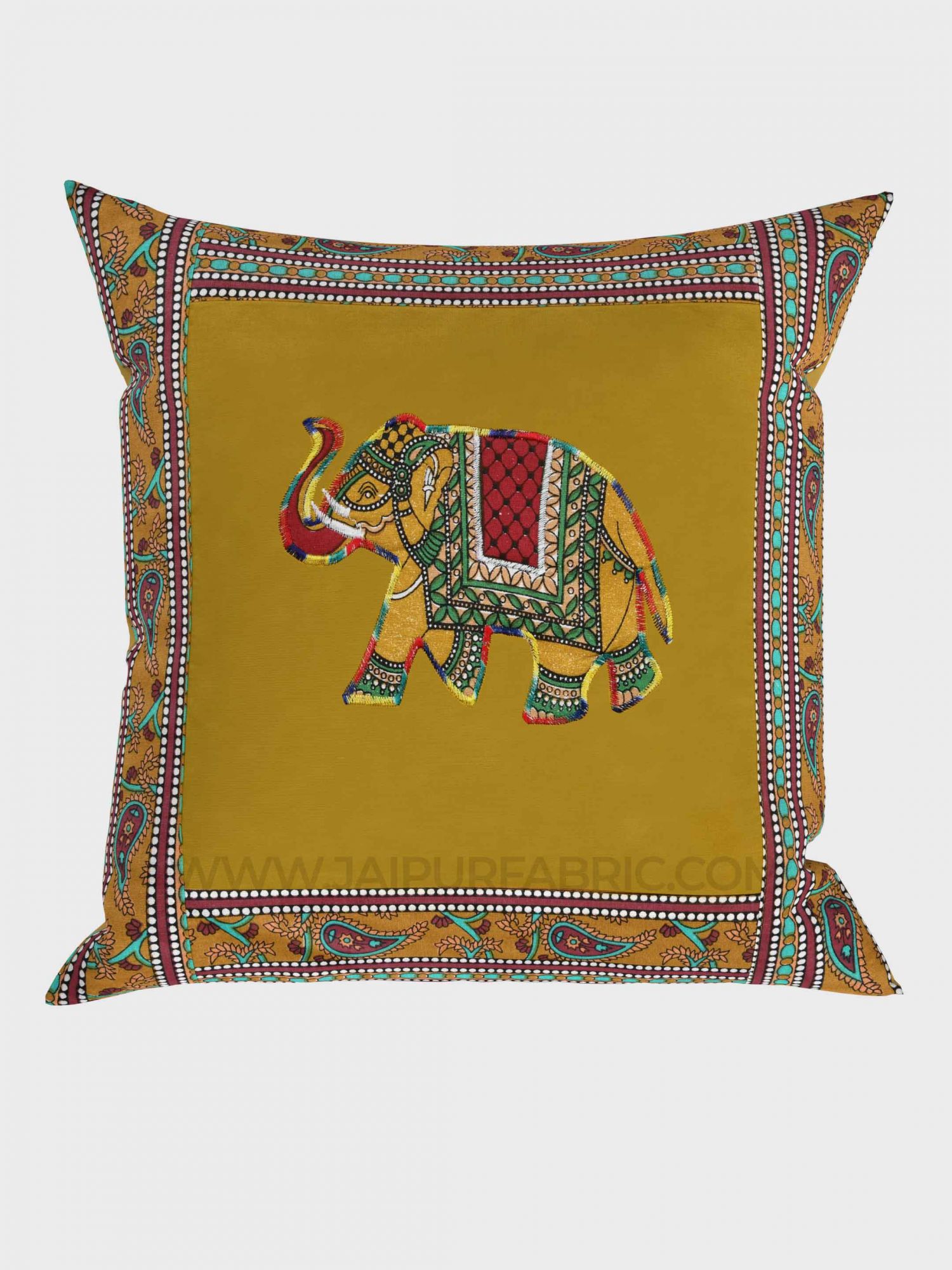 Applique Mehandi Green Elephant Jaipuri Hand Made Embroidery Patch Work Cushion Cover