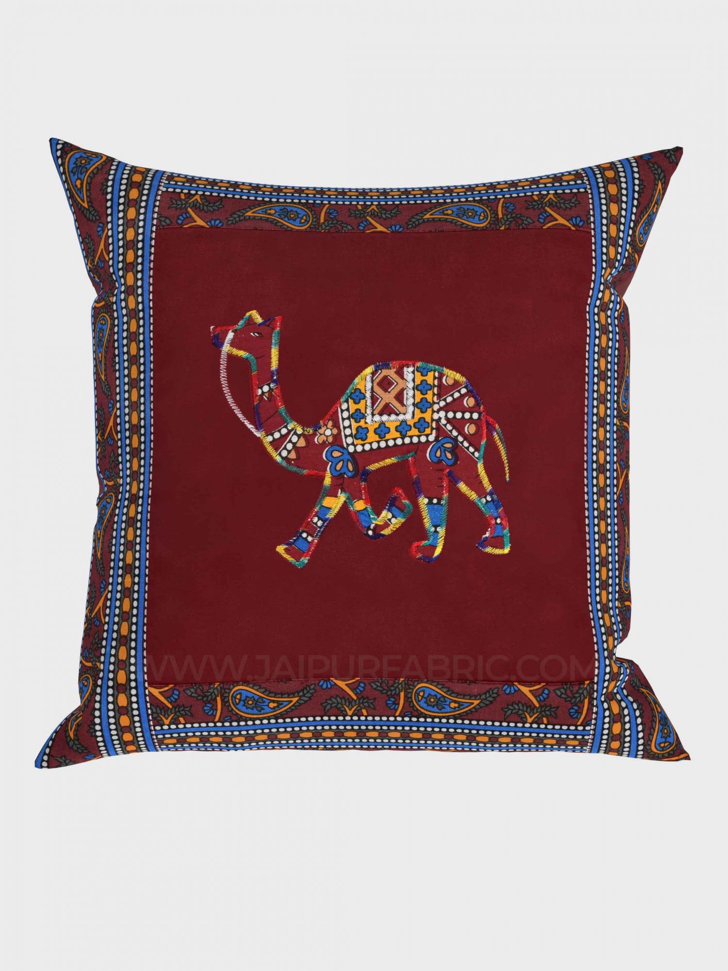 Applique Maroon Camel Jaipuri Hand Made Embroidery Patch Work Cushion Cover