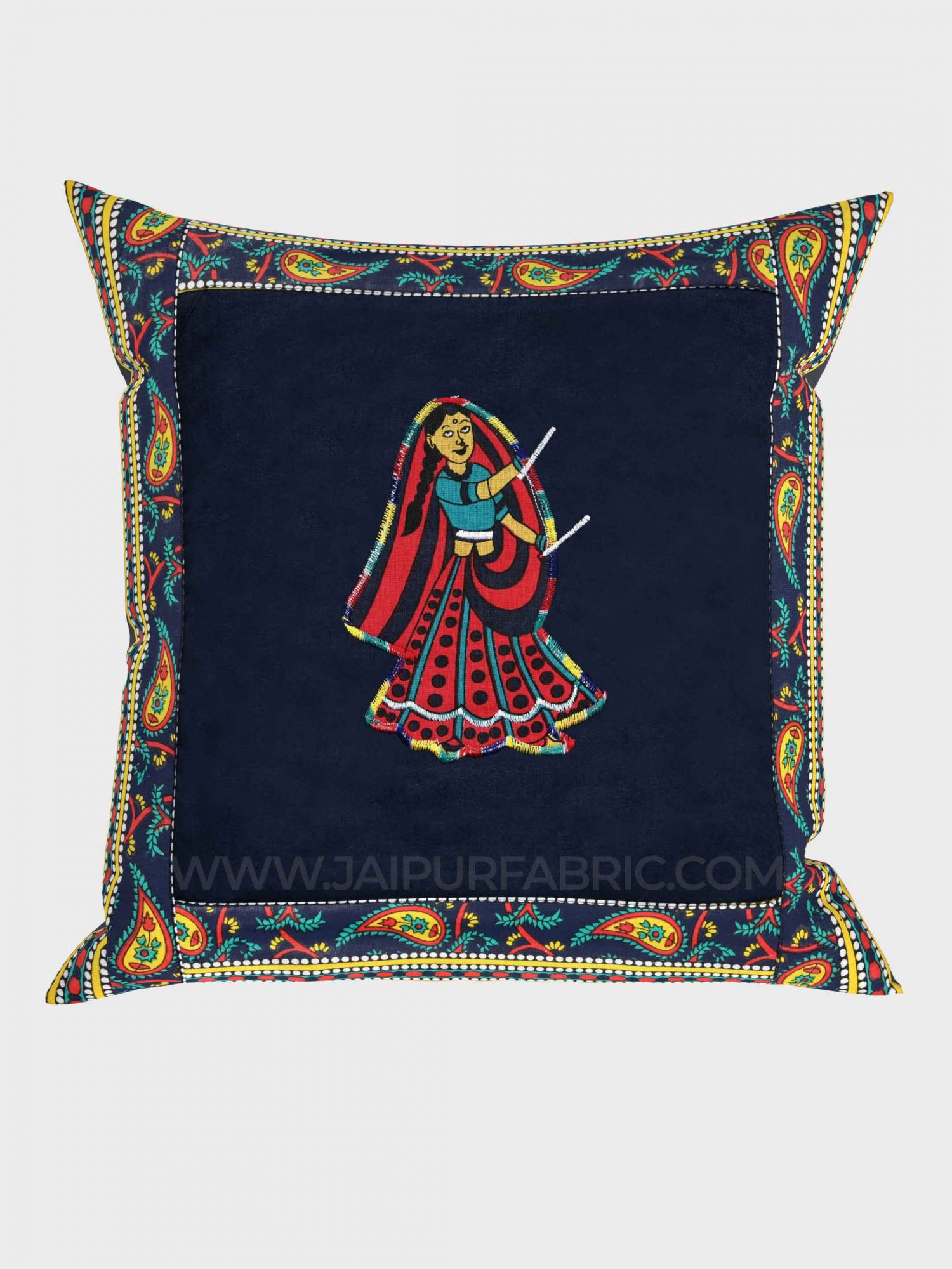 Applique Blue Dandiya Jaipuri Hand Made Embroidery Patch Work Cushion Cover