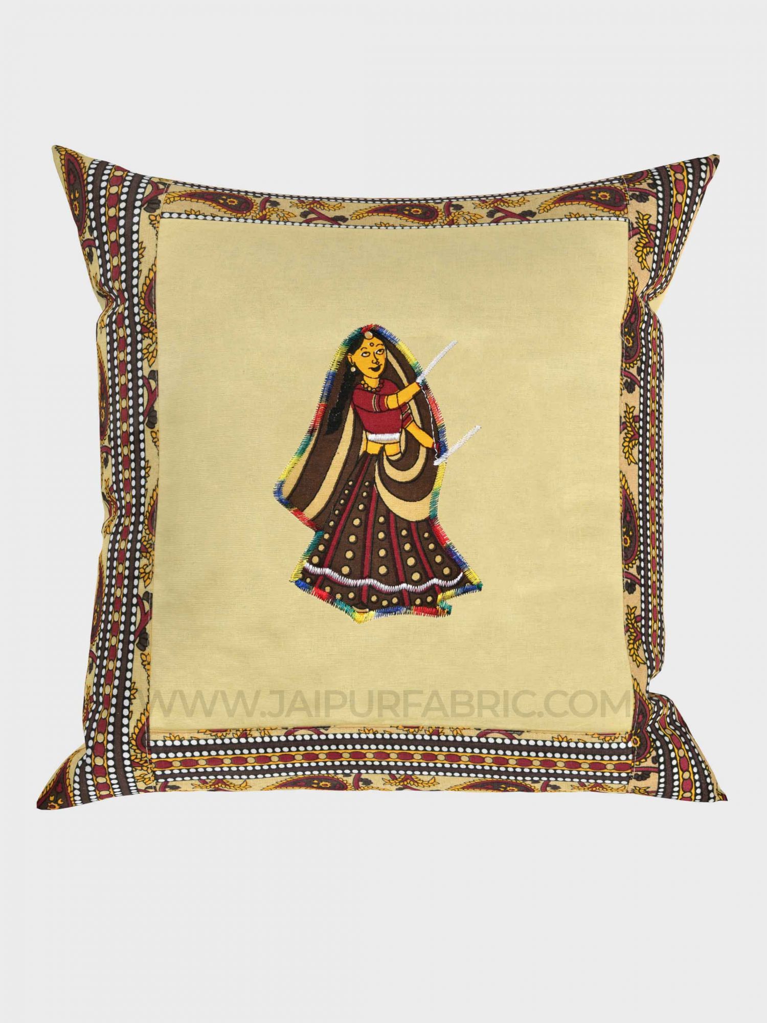 Applique Cream Dandiya Jaipuri Hand Made Embroidery Patch Work Cushion Cover