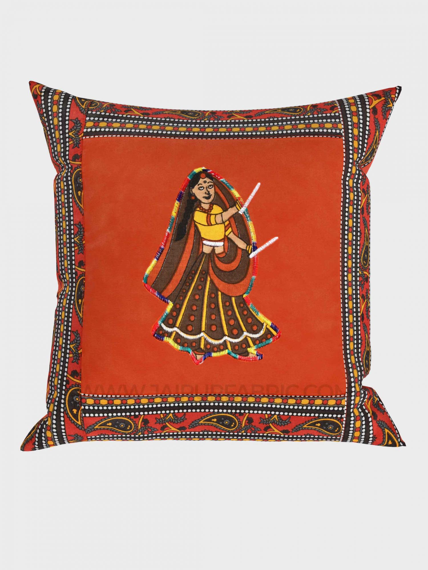 Applique Orange Dandiya Jaipuri Hand Made Embroidery Patch Work Cushion Cover