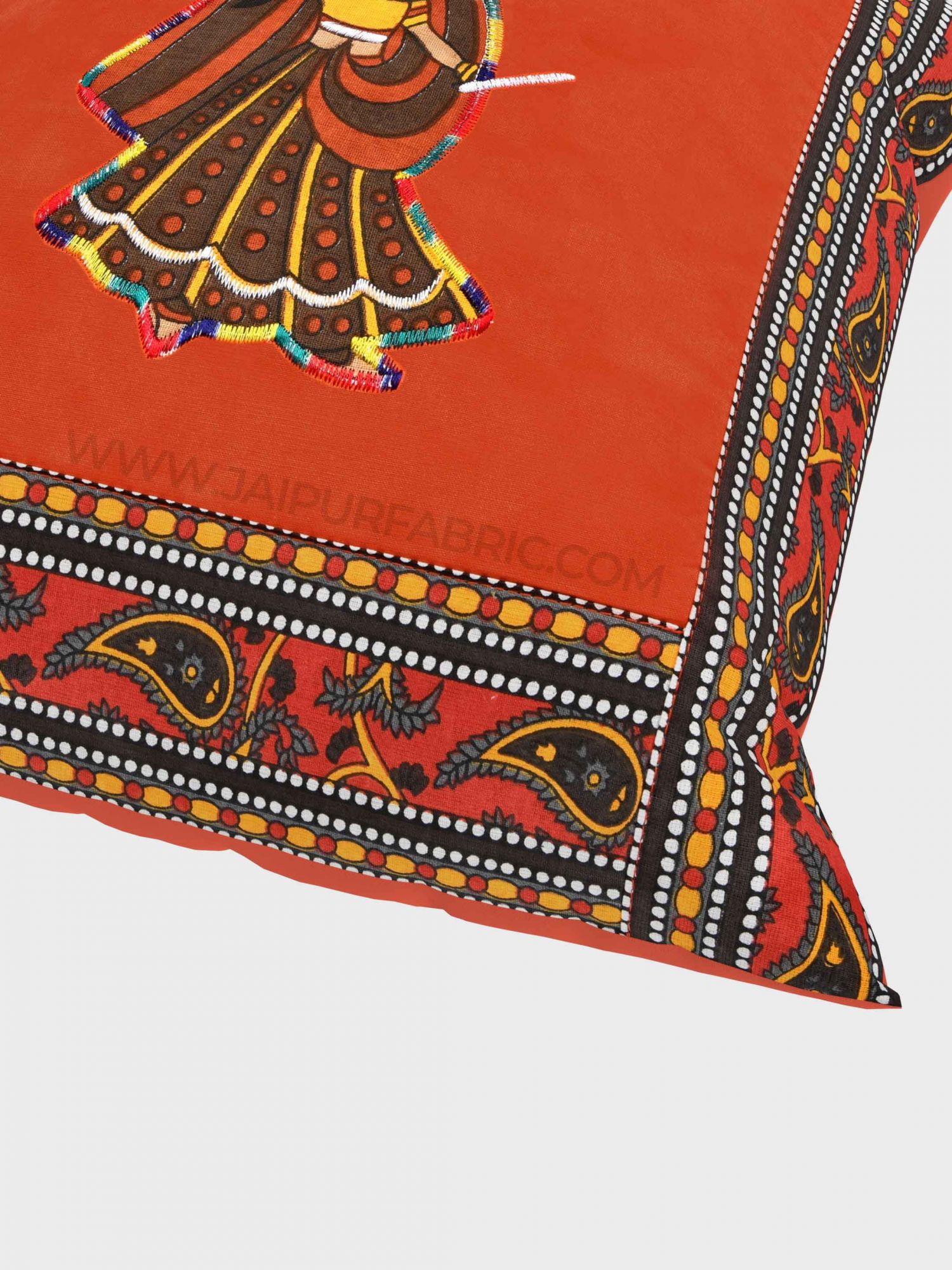 Applique Orange Dandiya Jaipuri Hand Made Embroidery Patch Work Cushion Cover