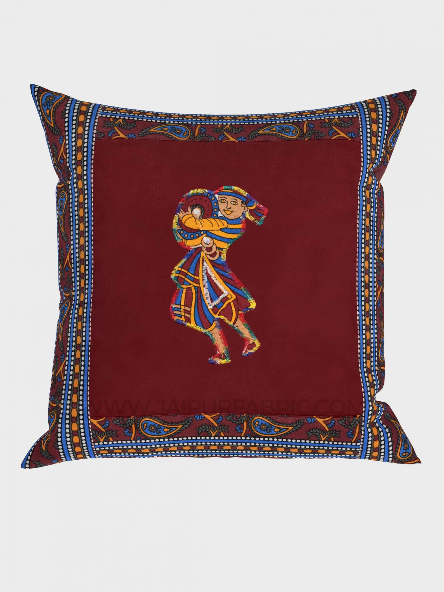 Applique Maroon Chang Dance Jaipuri Hand Made Embroidery Patch Work Cushion Cover