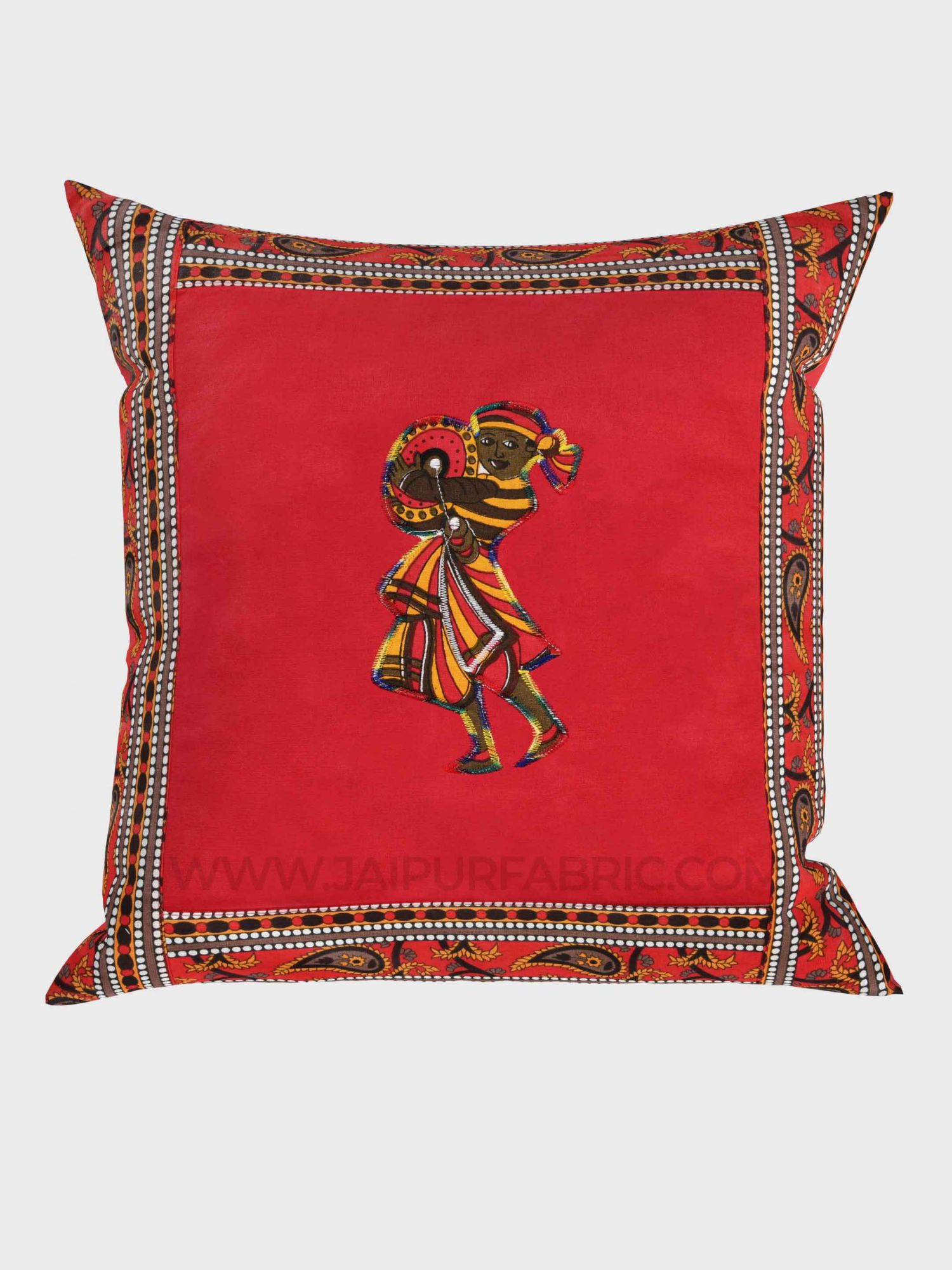 Applique Red Chang Dance Jaipuri Hand Made Embroidery Patch Work Cushion Cover