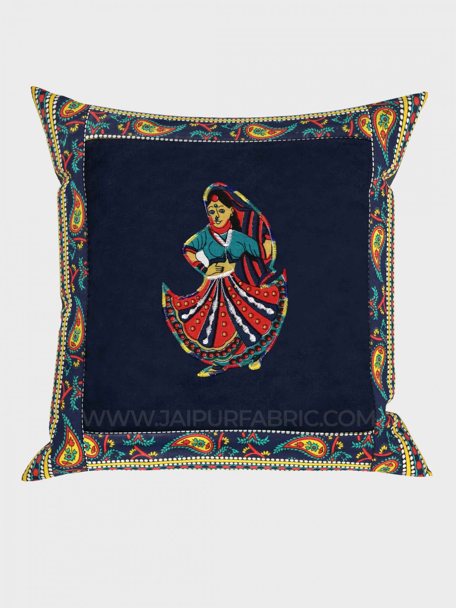 Applique Blue Rajasthani Dance Jaipuri Hand Made Embroidery Patch Work Cushion Cover