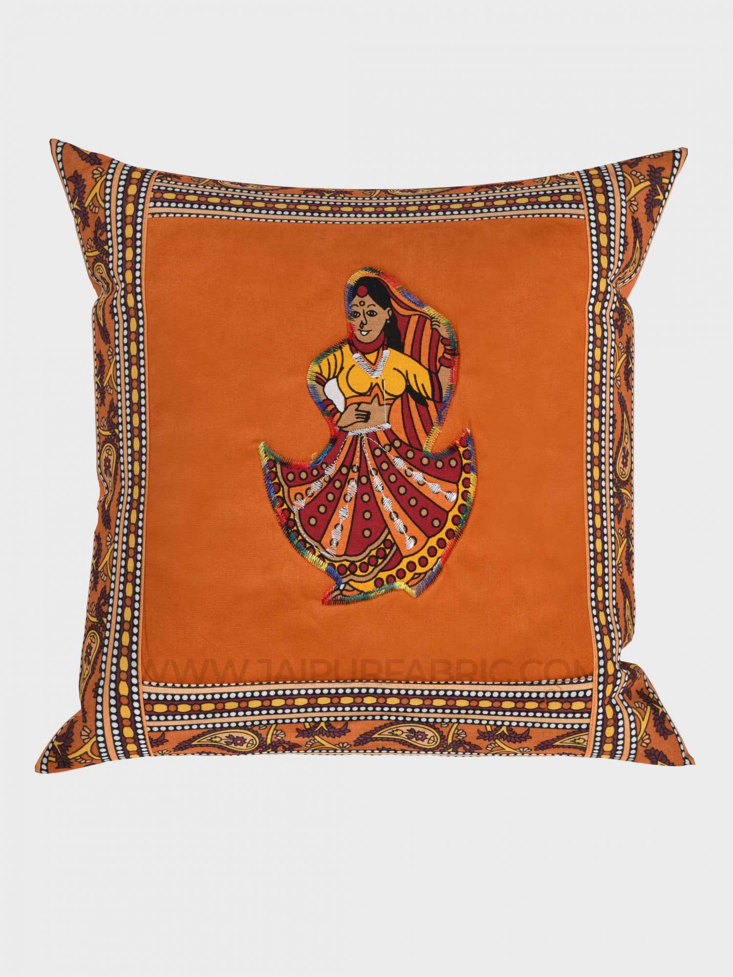 Applique Mustard Rajasthani Dance Jaipuri Hand Made Embroidery Patch Work Cushion Cover