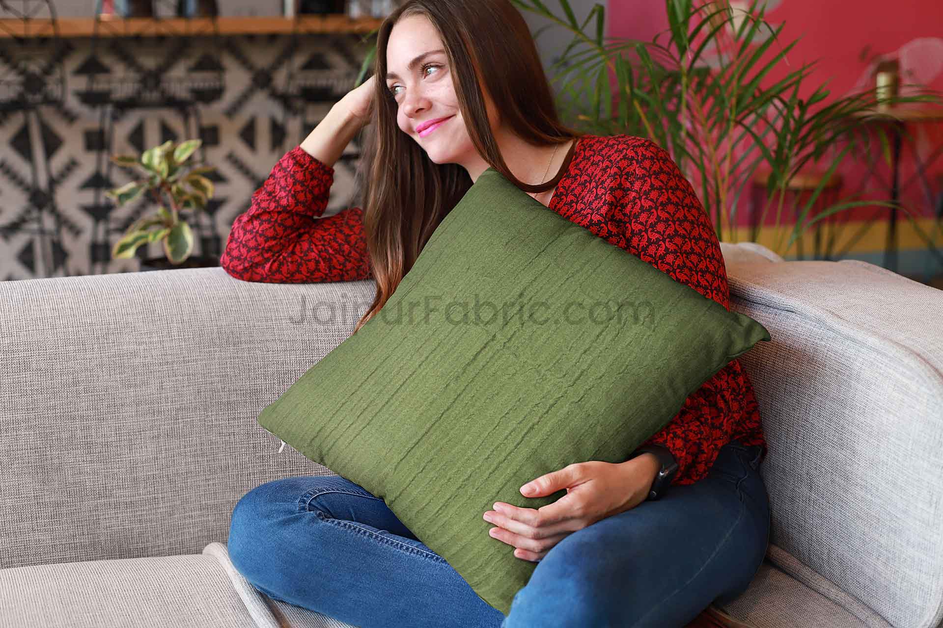 Green Quilted Cotton Cushion Cover