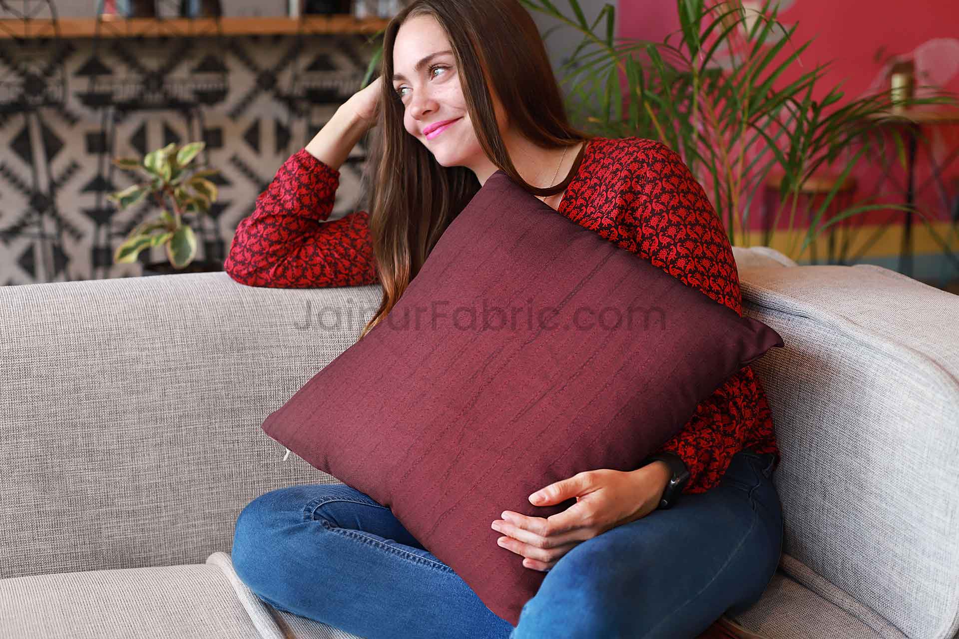 Red Quilted Cotton Cushion Cover