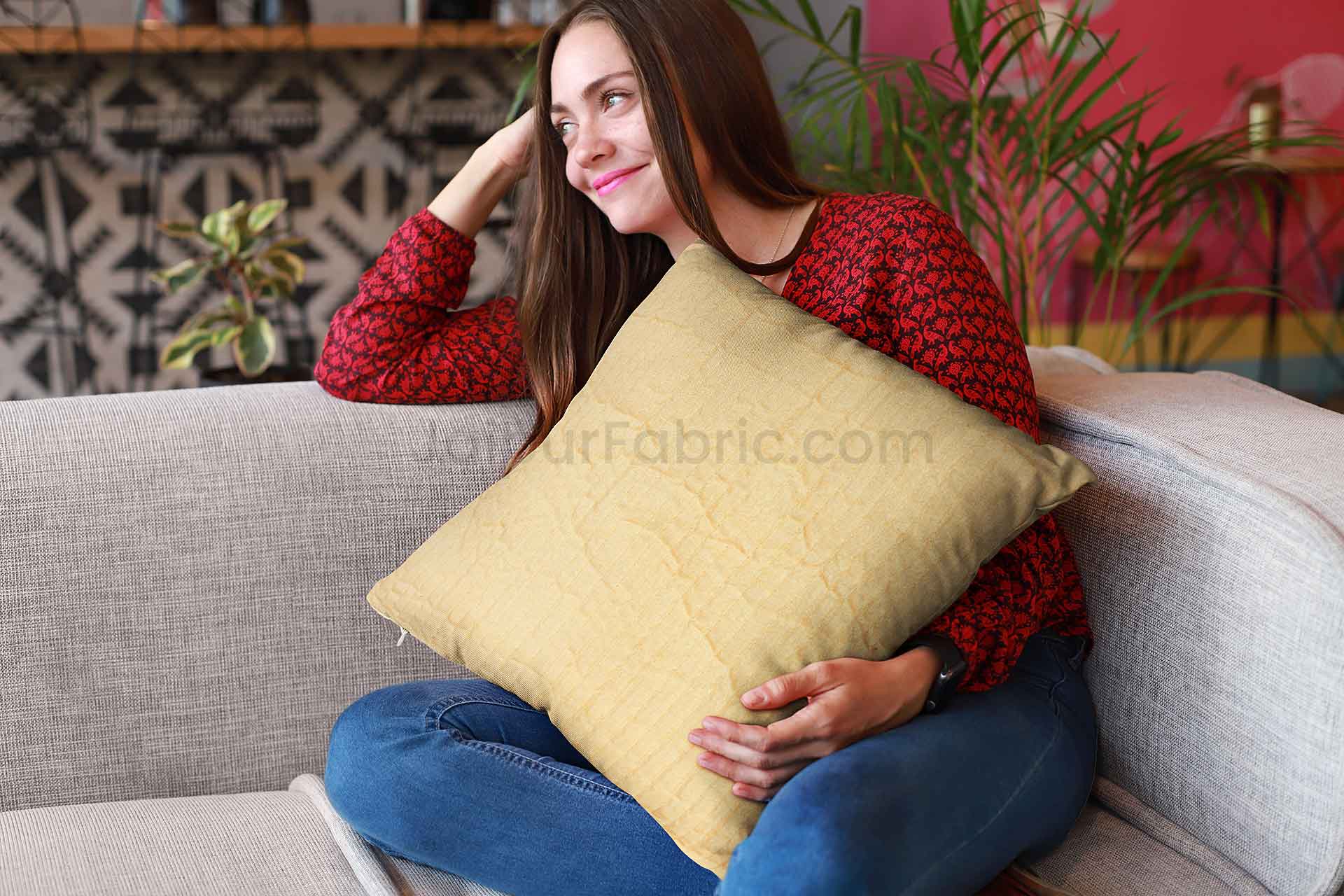 Mustard Yellow Quilted Cotton Cushion Cover