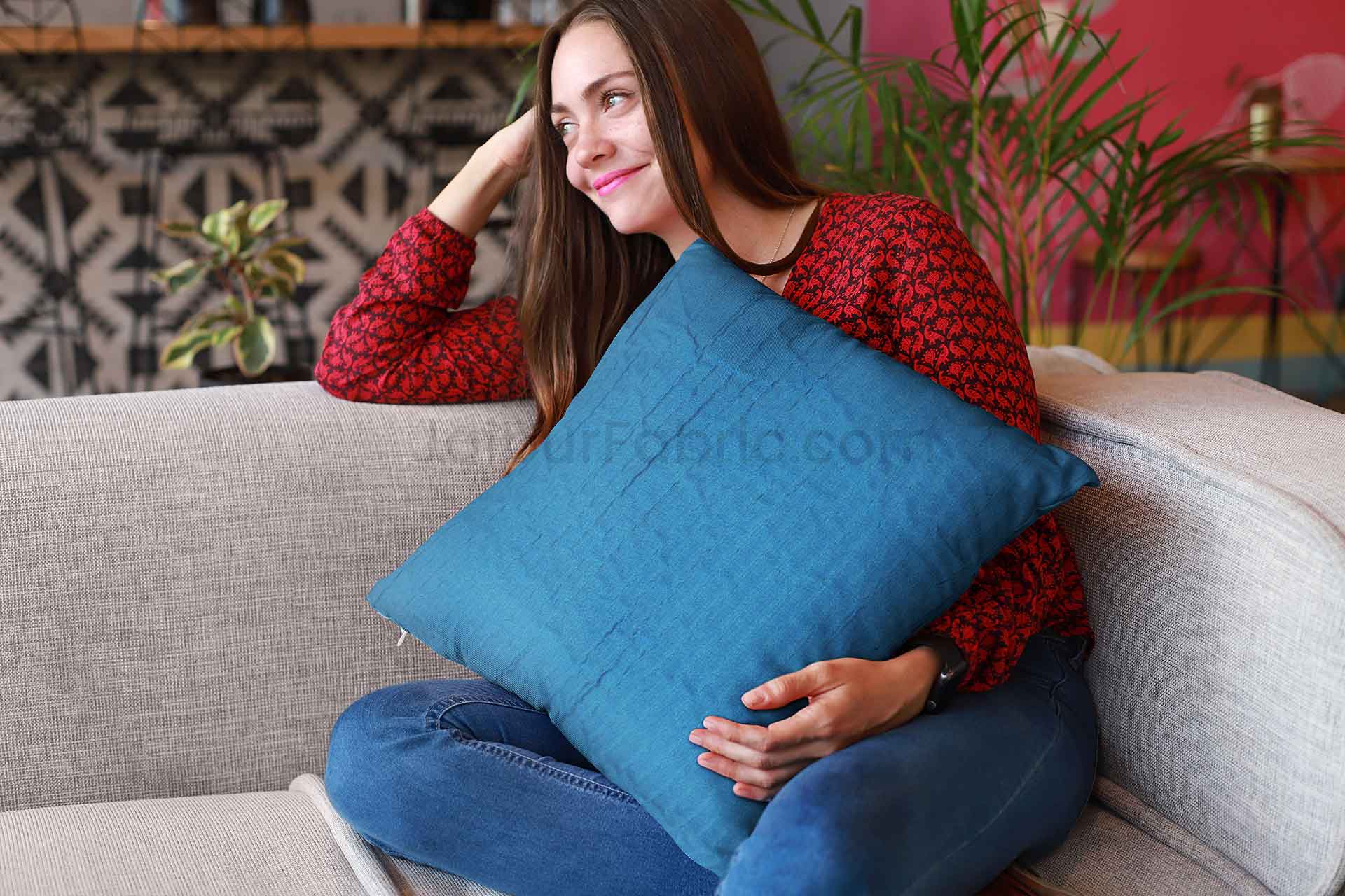 Blue Quilted Cotton Cushion Cover