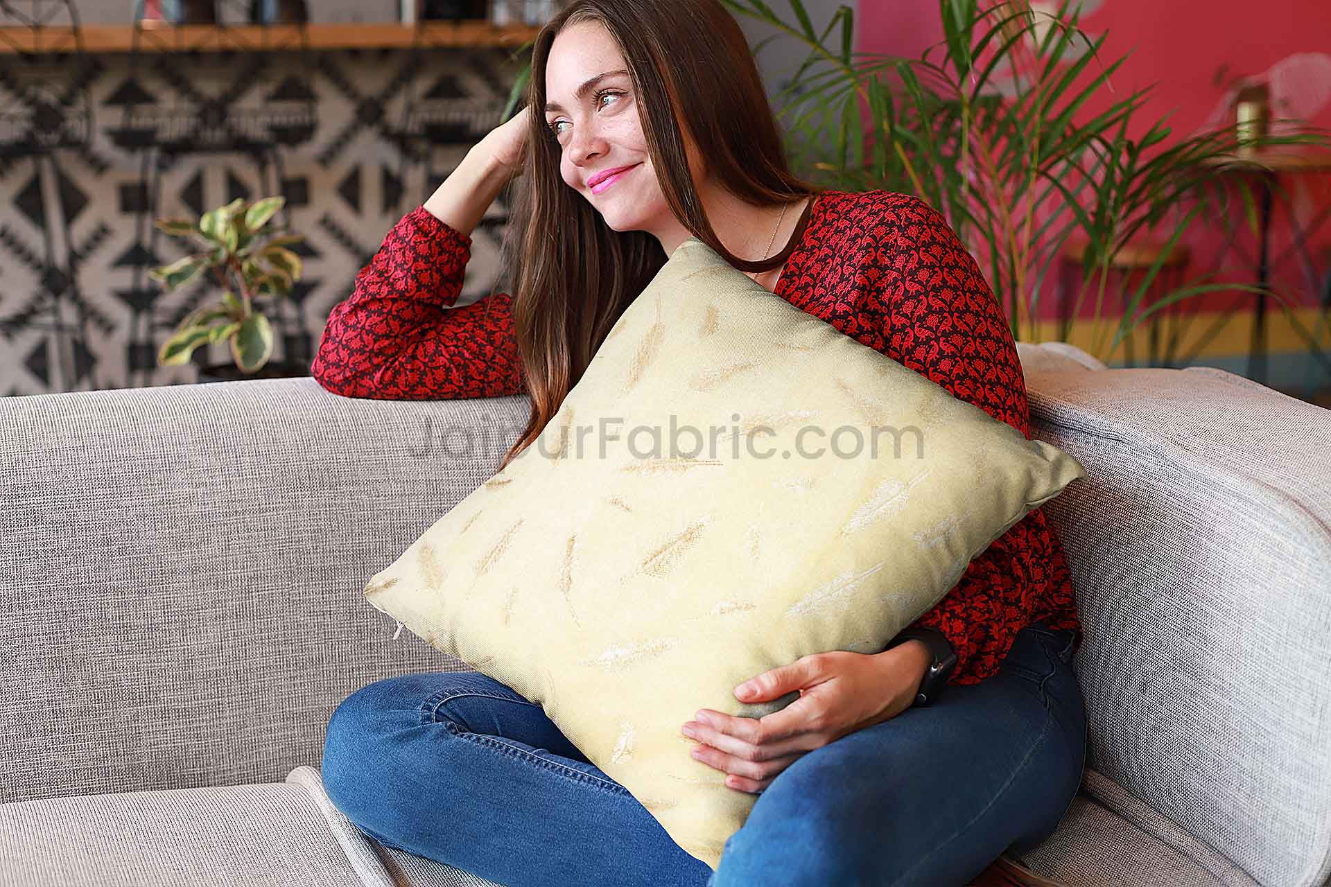 Ivory Gold Feather Leaf Print Cushion Cover