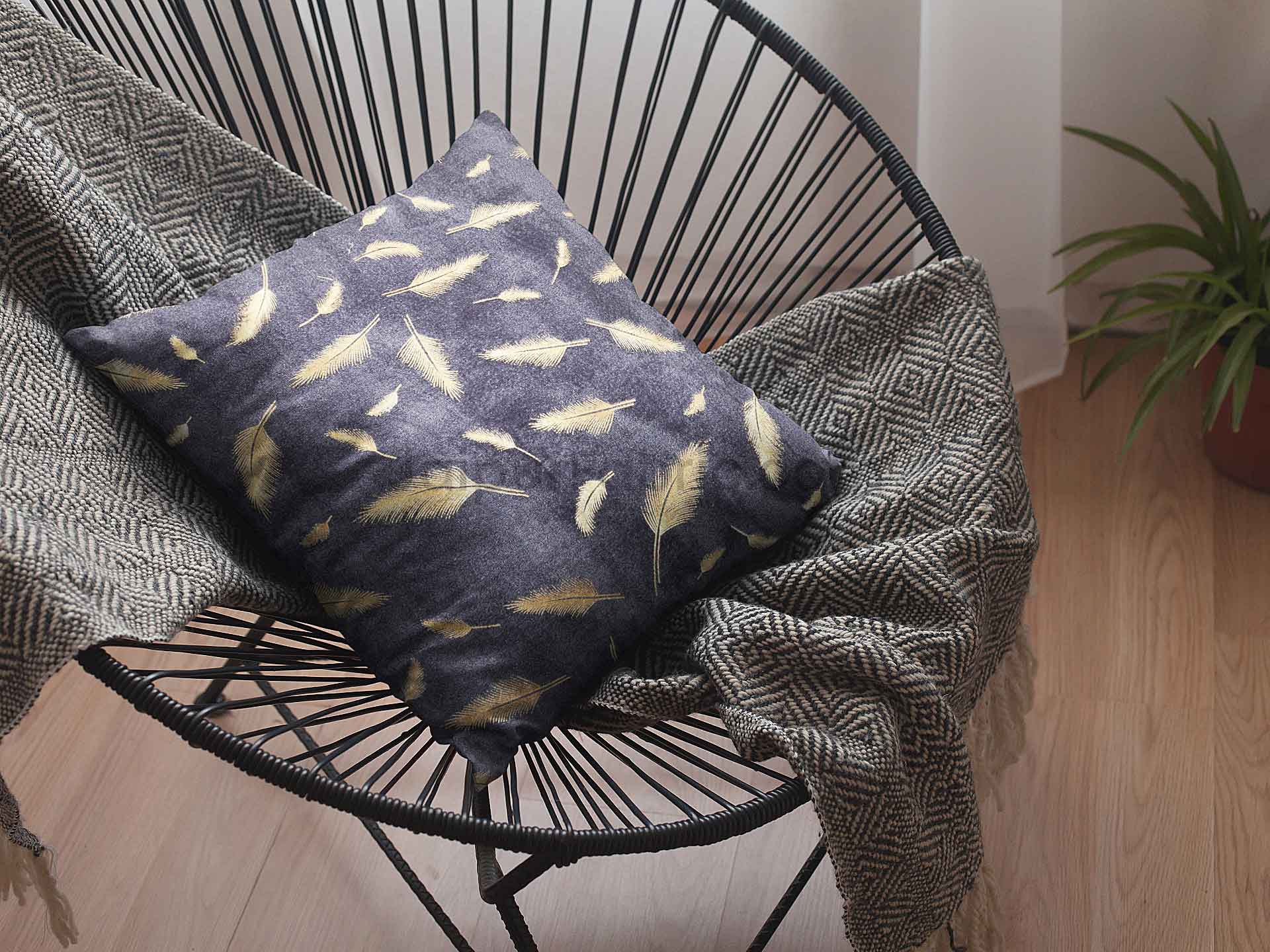 Violet Gold Feather Leaf Print Cushion Cover