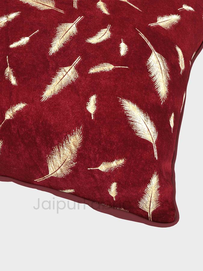 Maroon Gold Feather Leaf Print Cushion Cover