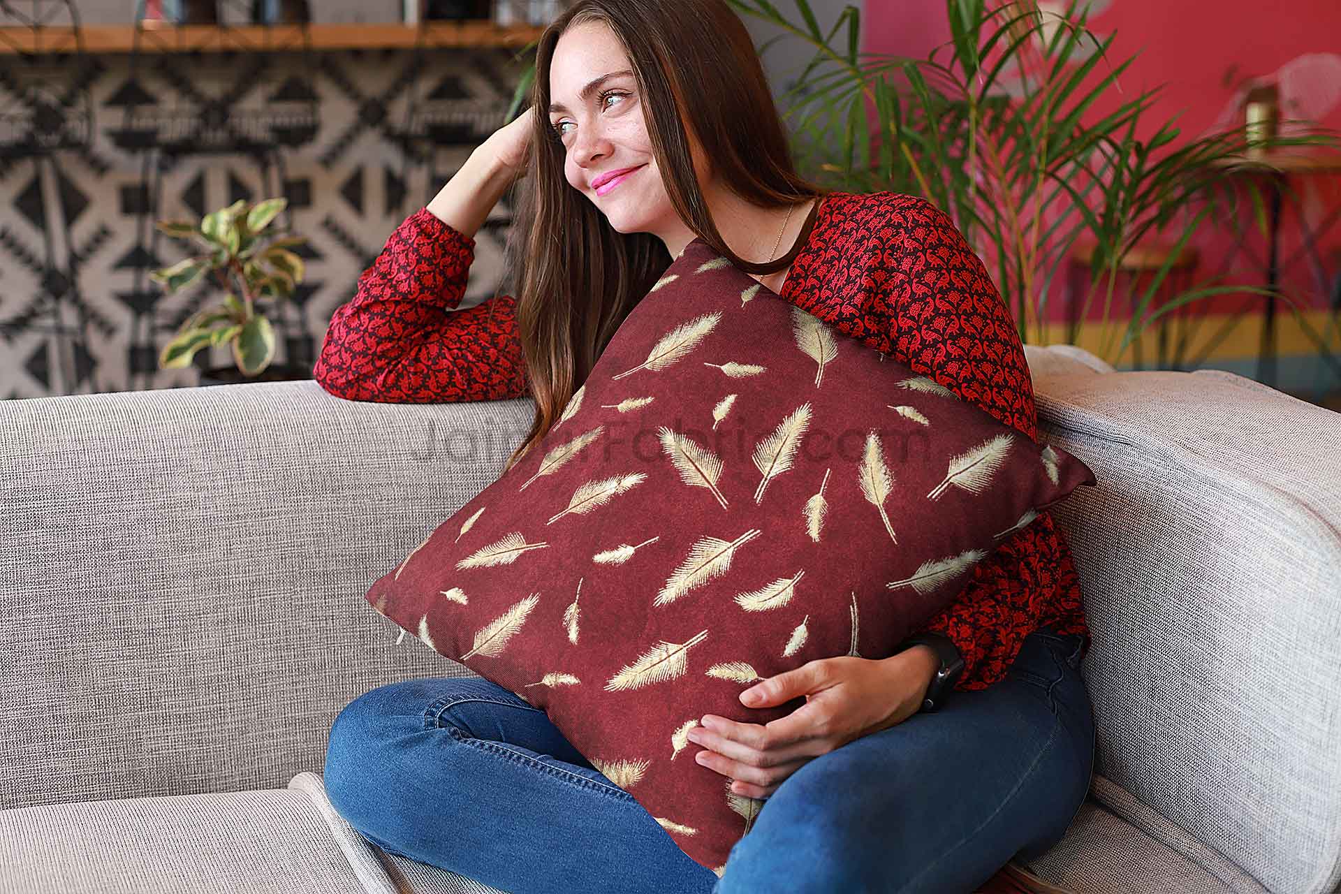 Maroon Gold Feather Leaf Print Cushion Cover