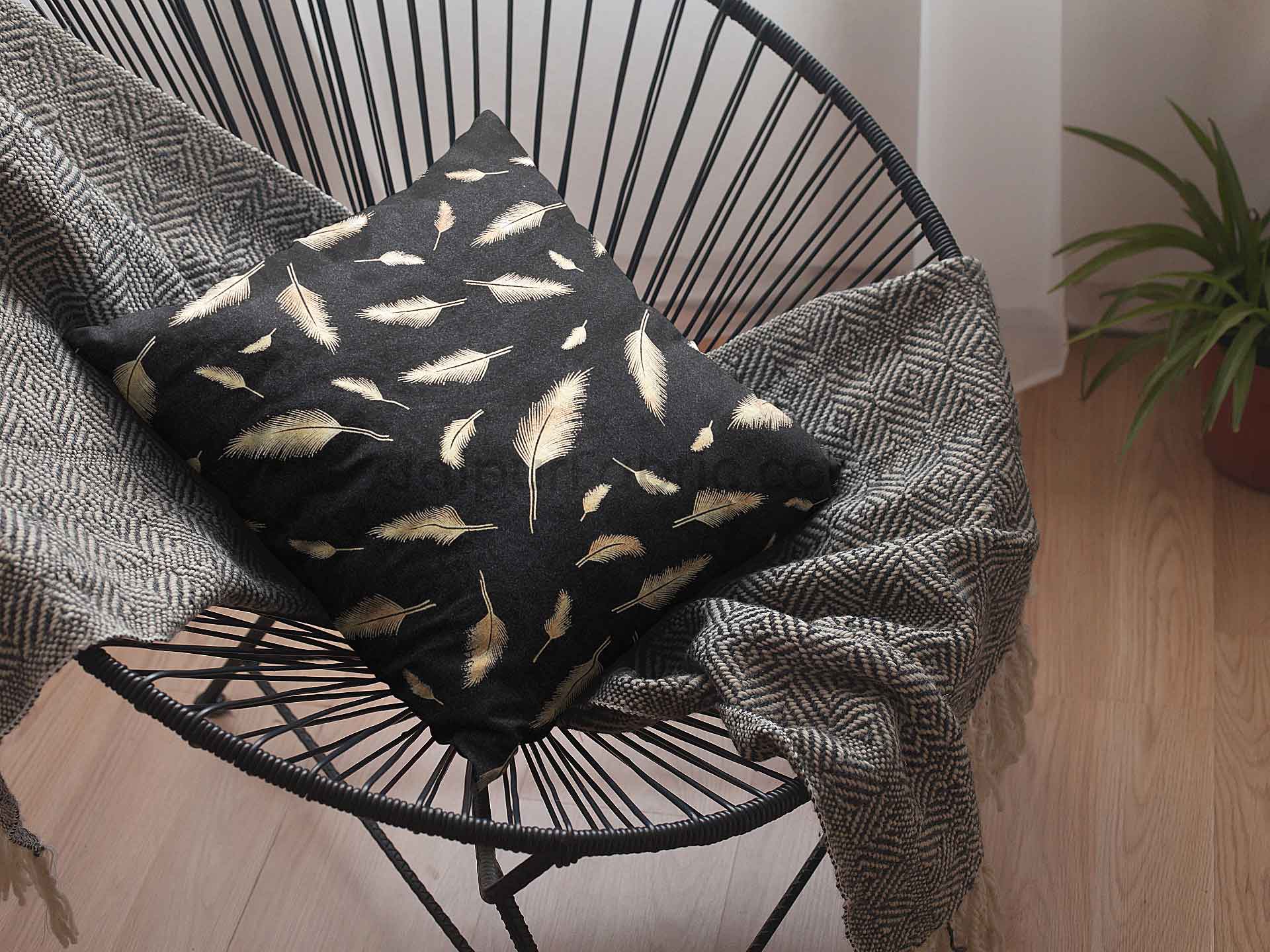 Black Gold Feather Leaf Print Cushion Cover