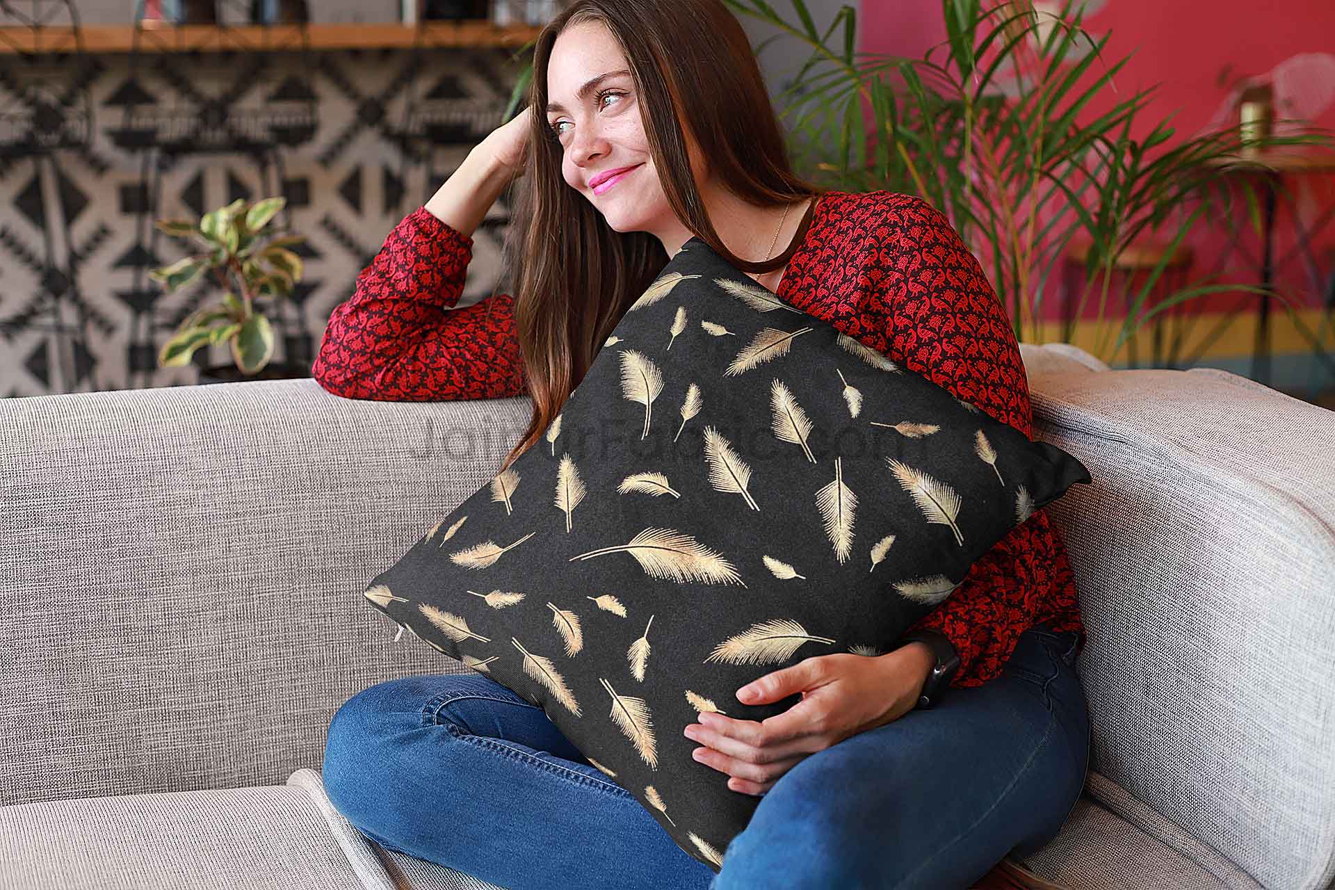 Black Gold Feather Leaf Print Cushion Cover