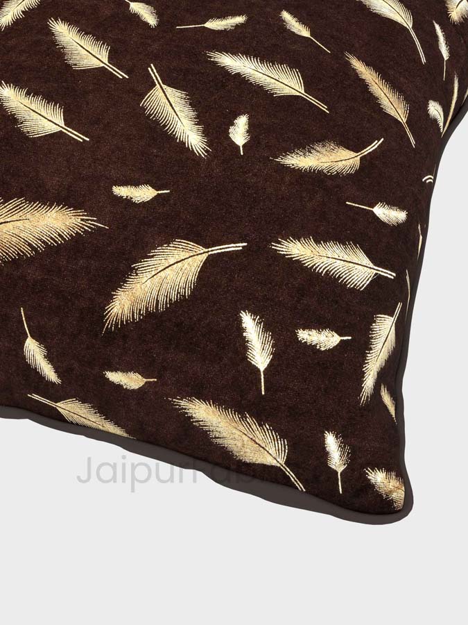 Coffee Gold Feather Leaf Print Cushion Cover