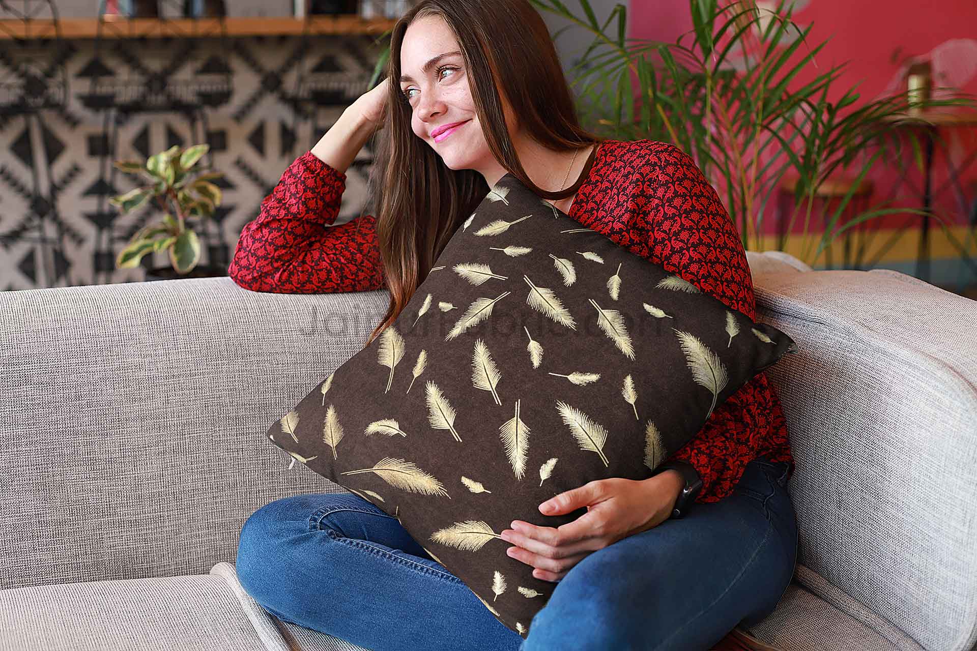 Coffee Gold Feather Leaf Print Cushion Cover