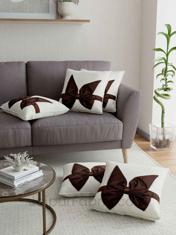 White Brown Bow Tie Square Cotton Cushion Cover