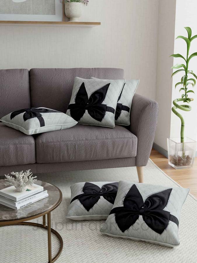 Grey Black Bow Tie Square Cotton Cushion Cover