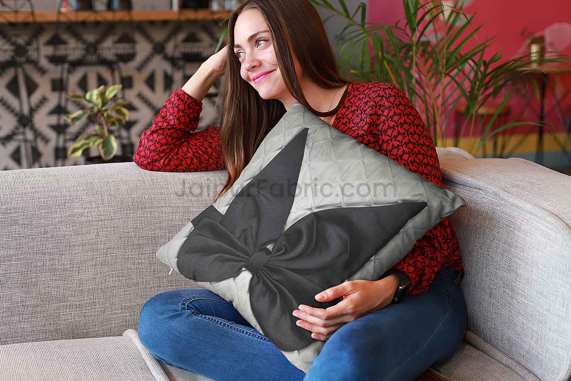 Grey Black Bow Tie Square Cotton Cushion Cover