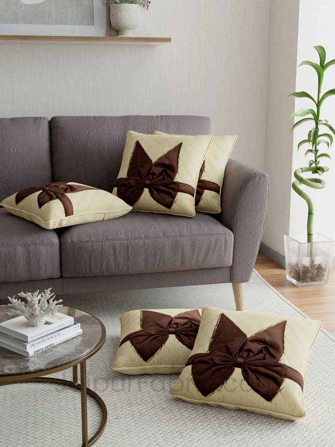 Beige Brown Bow Tie Square Cotton Cushion Cover