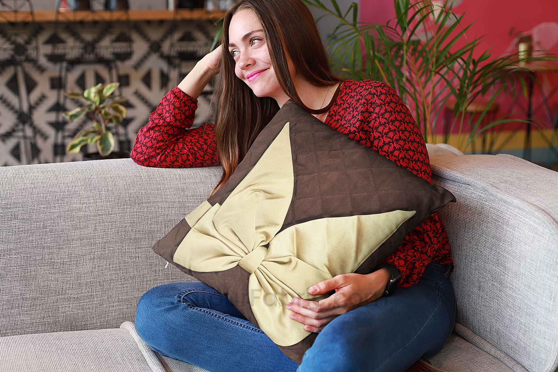 Dark Brown Beige Bow Tie Square Cotton Cushion Cover