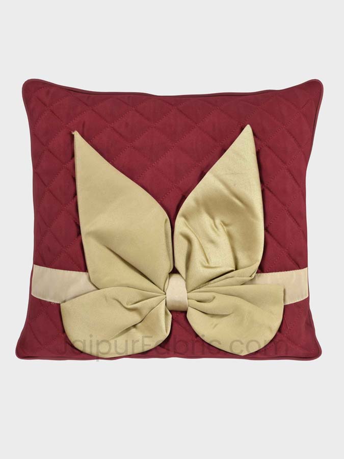 Maroon Beige Bow Tie Square Cotton Cushion Cover