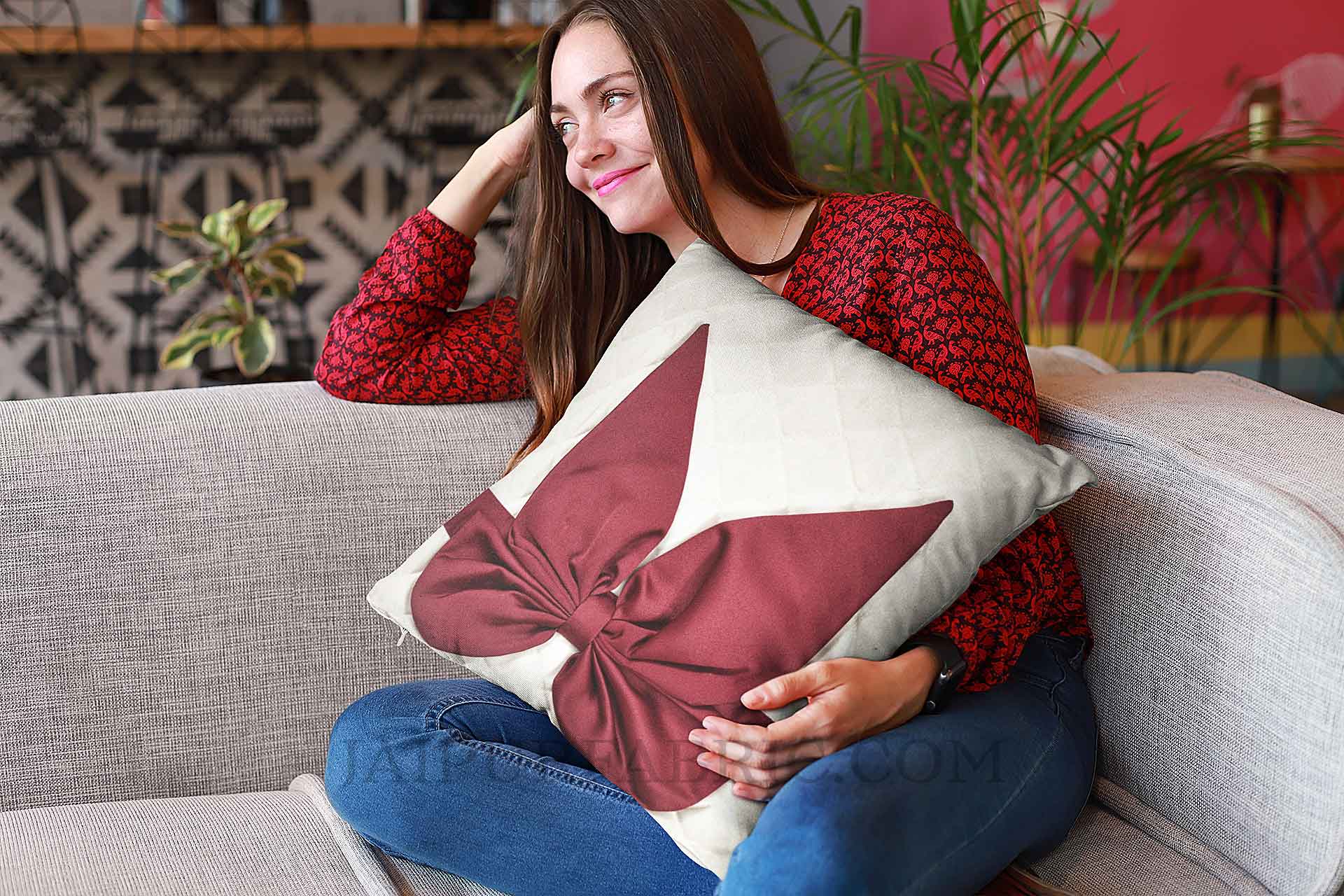 White Maroon Bow Tie Square Cotton Cushion Cover