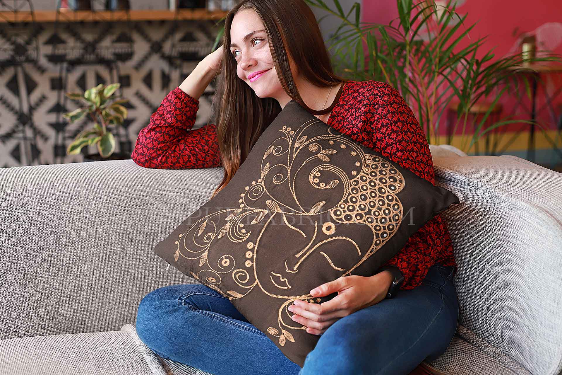 Buddha Brown Modern Art Theme Satin Cushion Cover