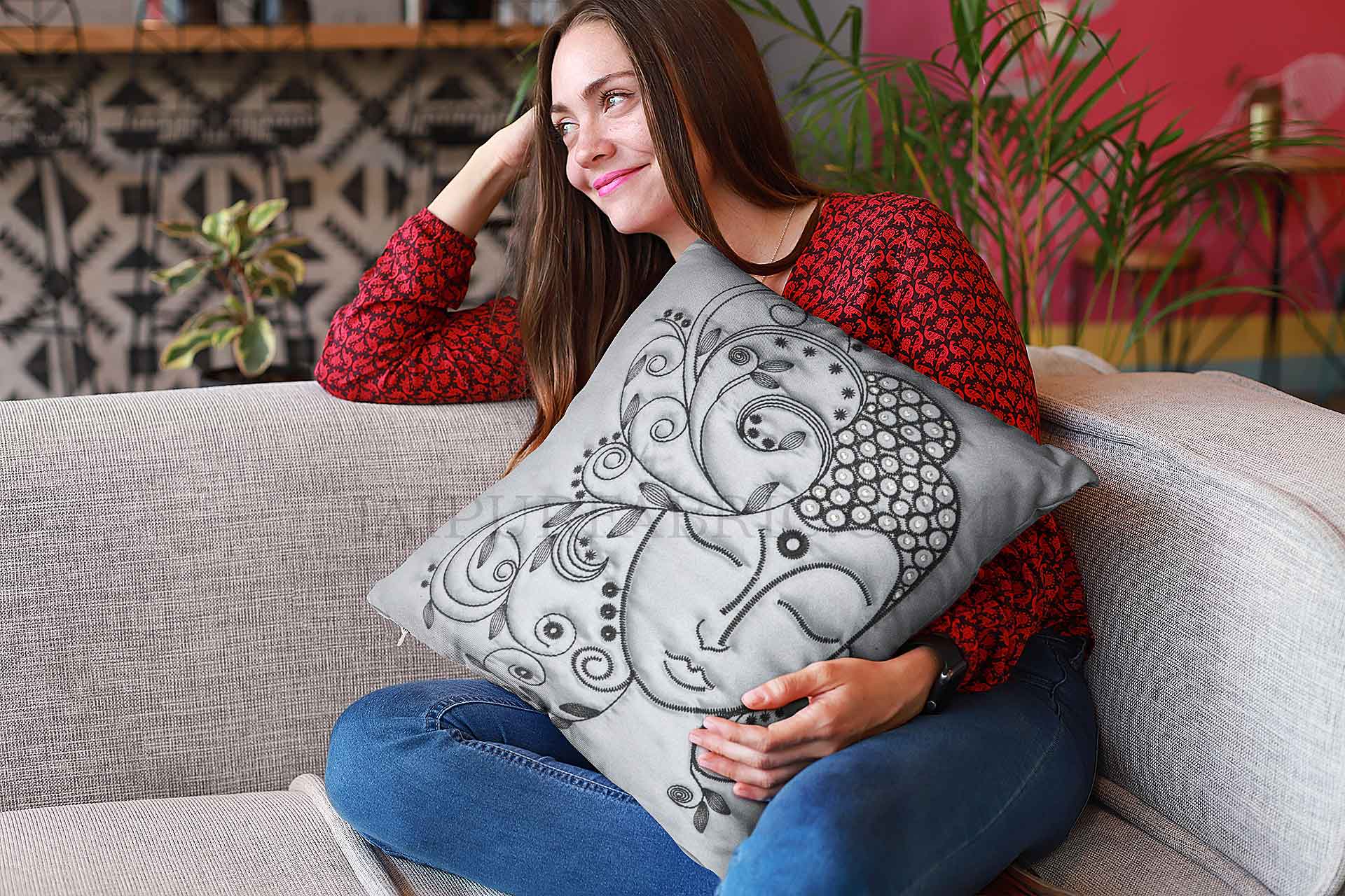 Buddha Silver Modern Art Theme Satin Cushion Cover