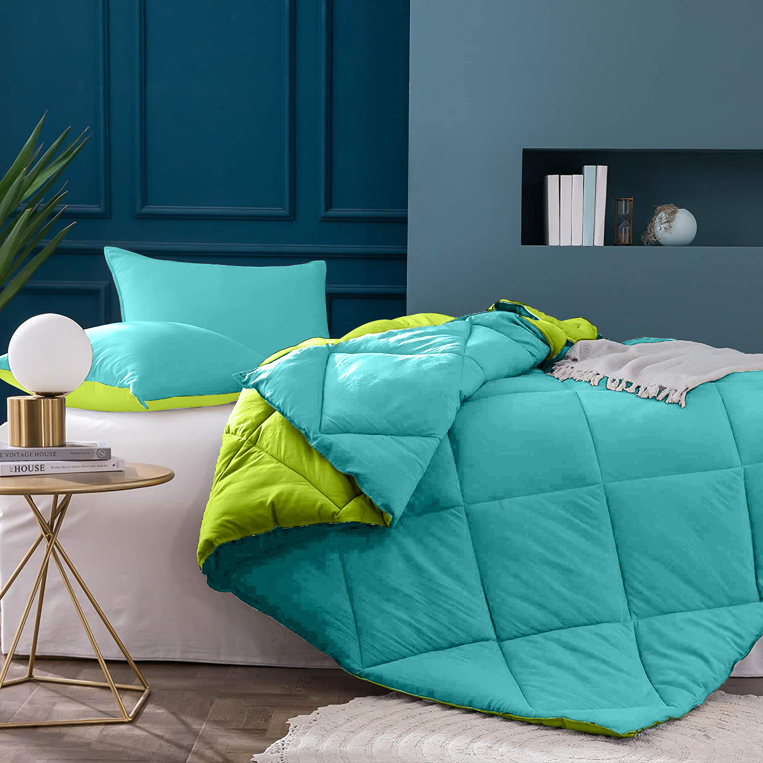 Sky Blue-Lemon Green  Double Bed Comforter