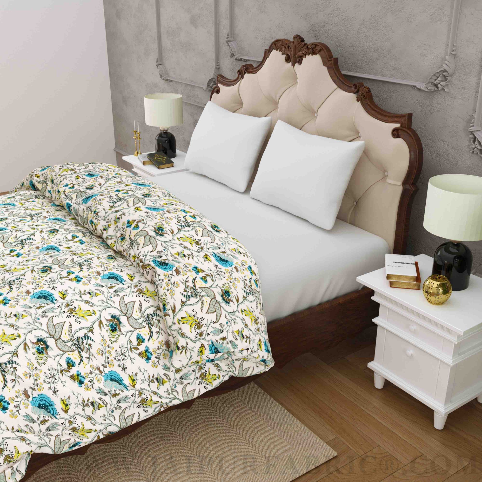 JaipurFabric® Anokhi Print Bluish Floral Double Bed Comforter