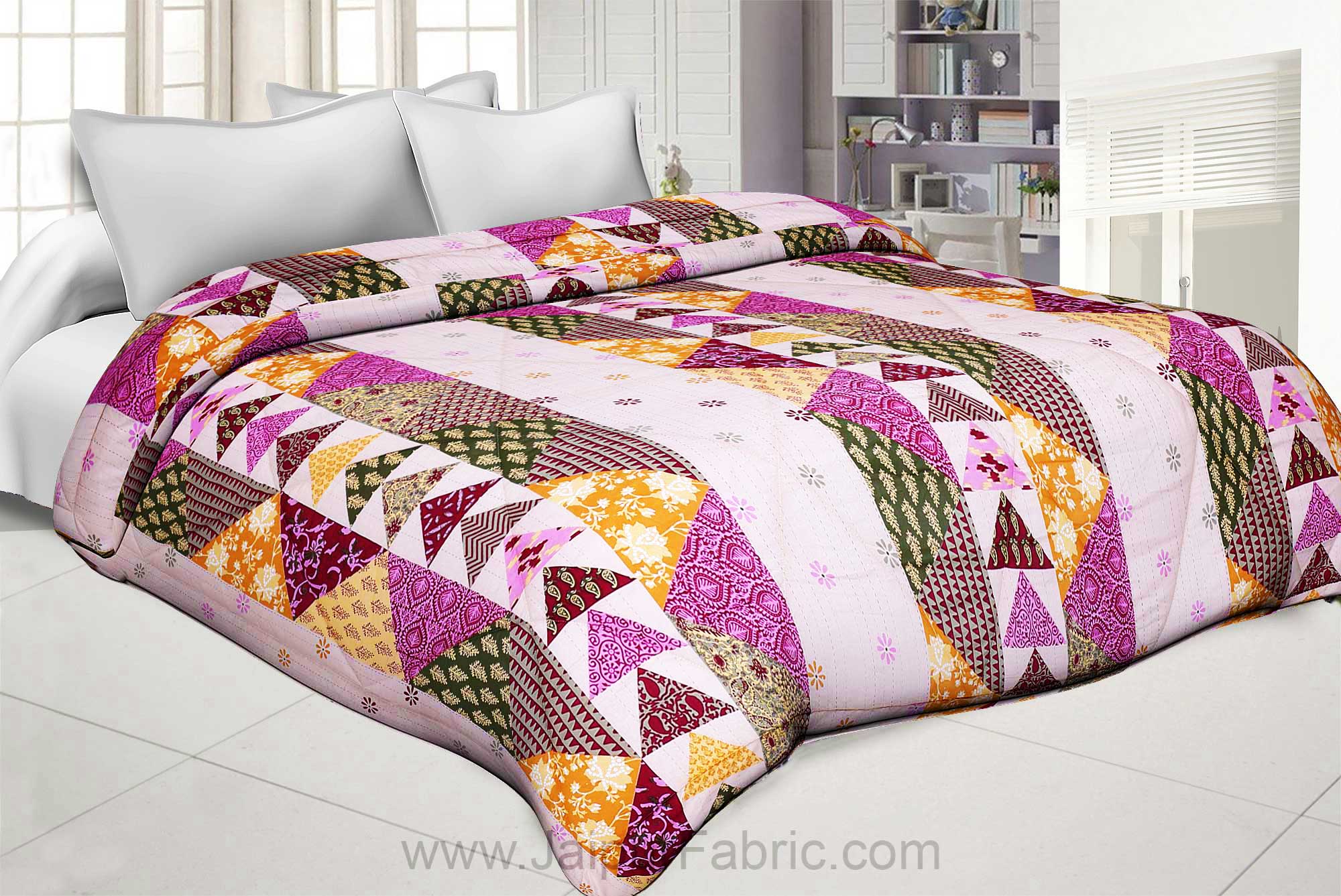 Pink Twill Cotton  Double Bed With Colorful Patchwork Design Comforter