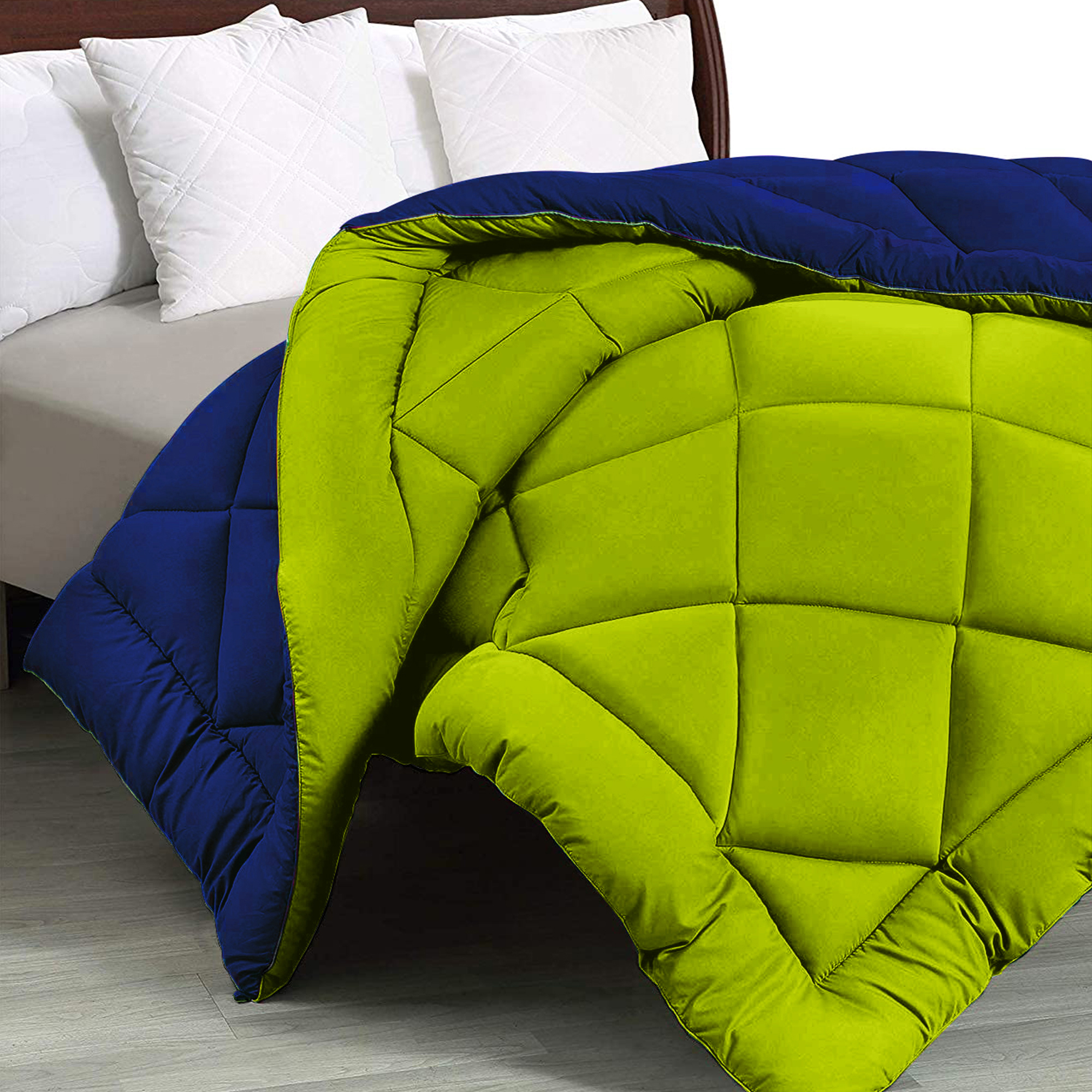 Navy Blue-Lemon Green  Double Bed Comforter