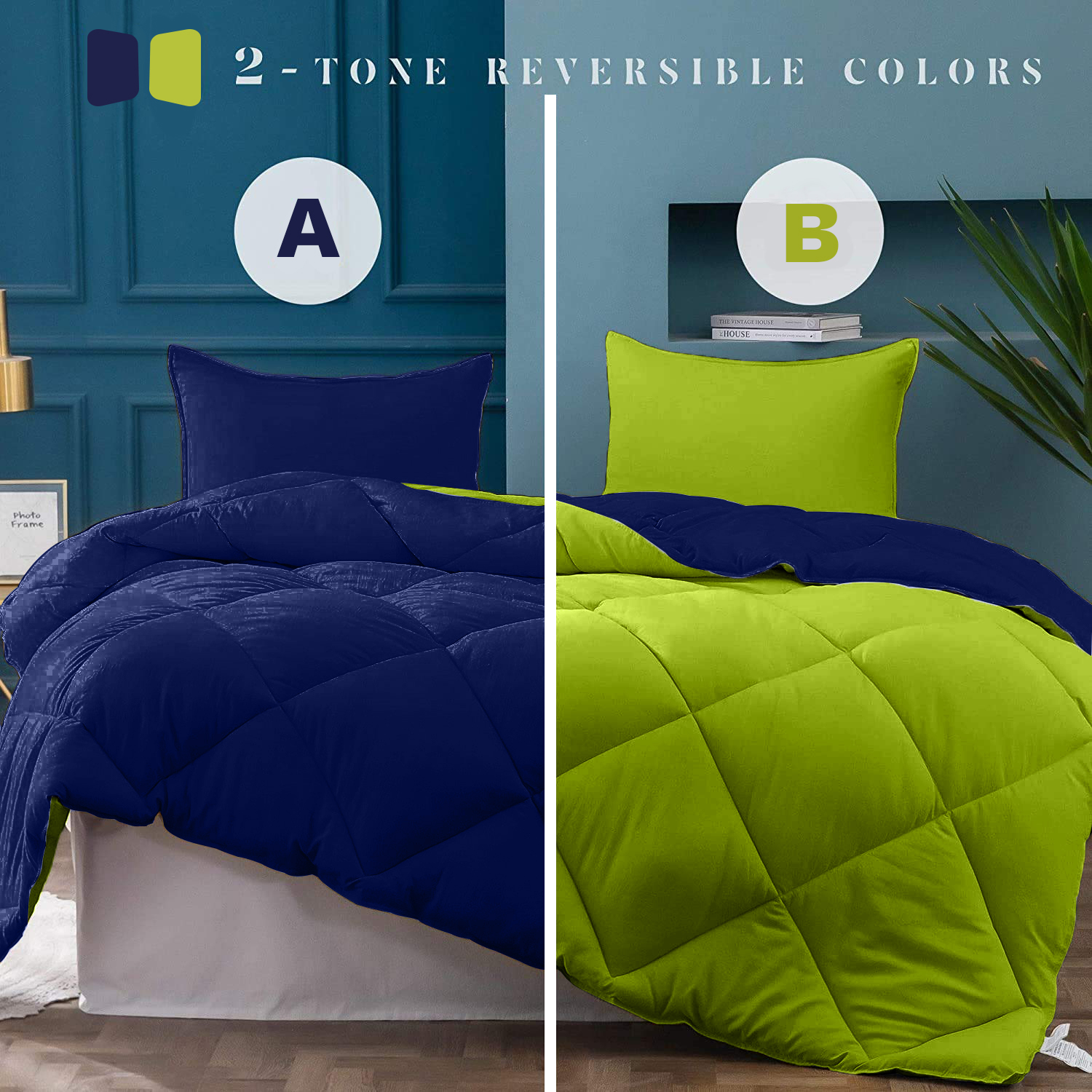 Navy Blue-Lemon Green  Double Bed Comforter