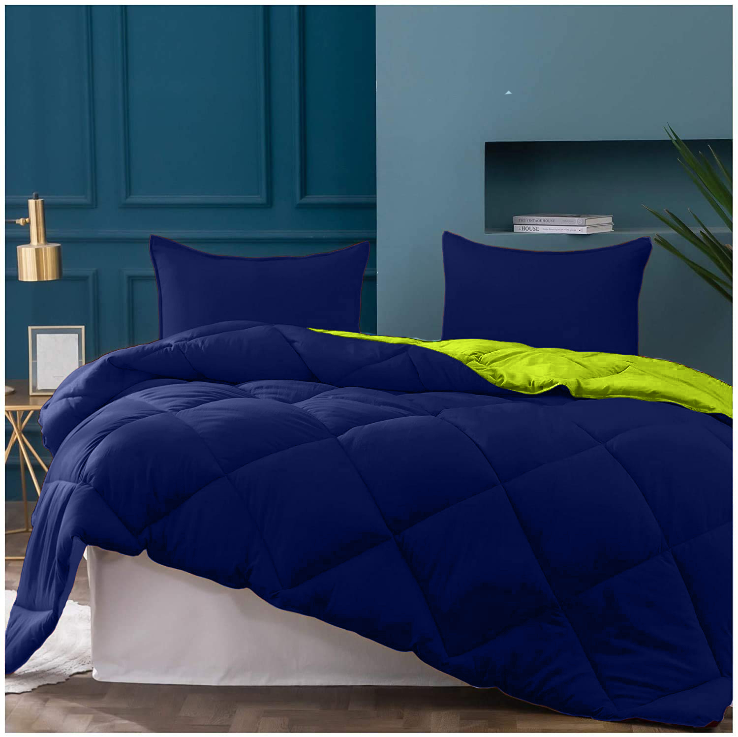 Navy Blue-Lemon Green  Double Bed Comforter