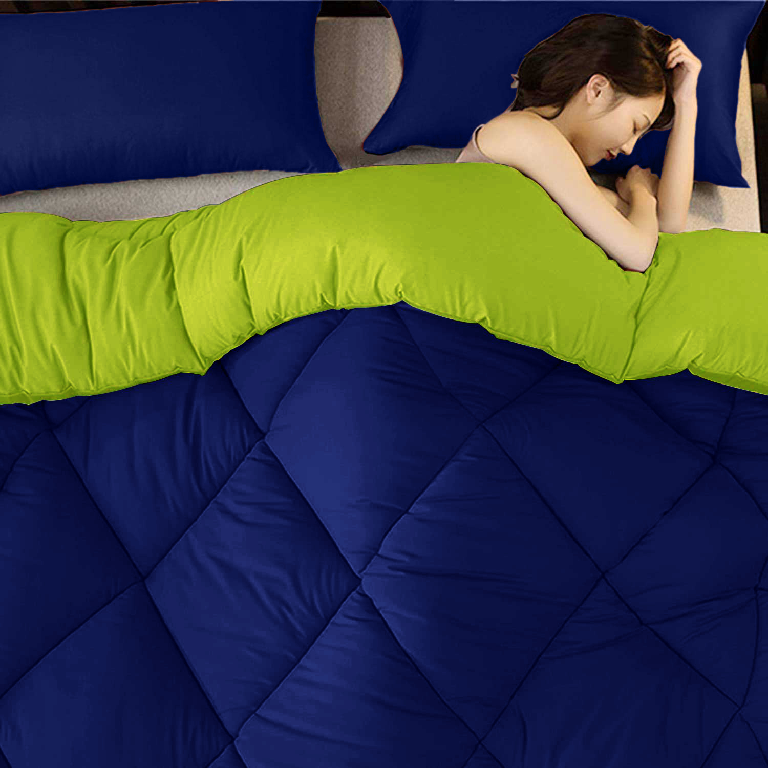 Navy Blue-Lemon Green  Double Bed Comforter