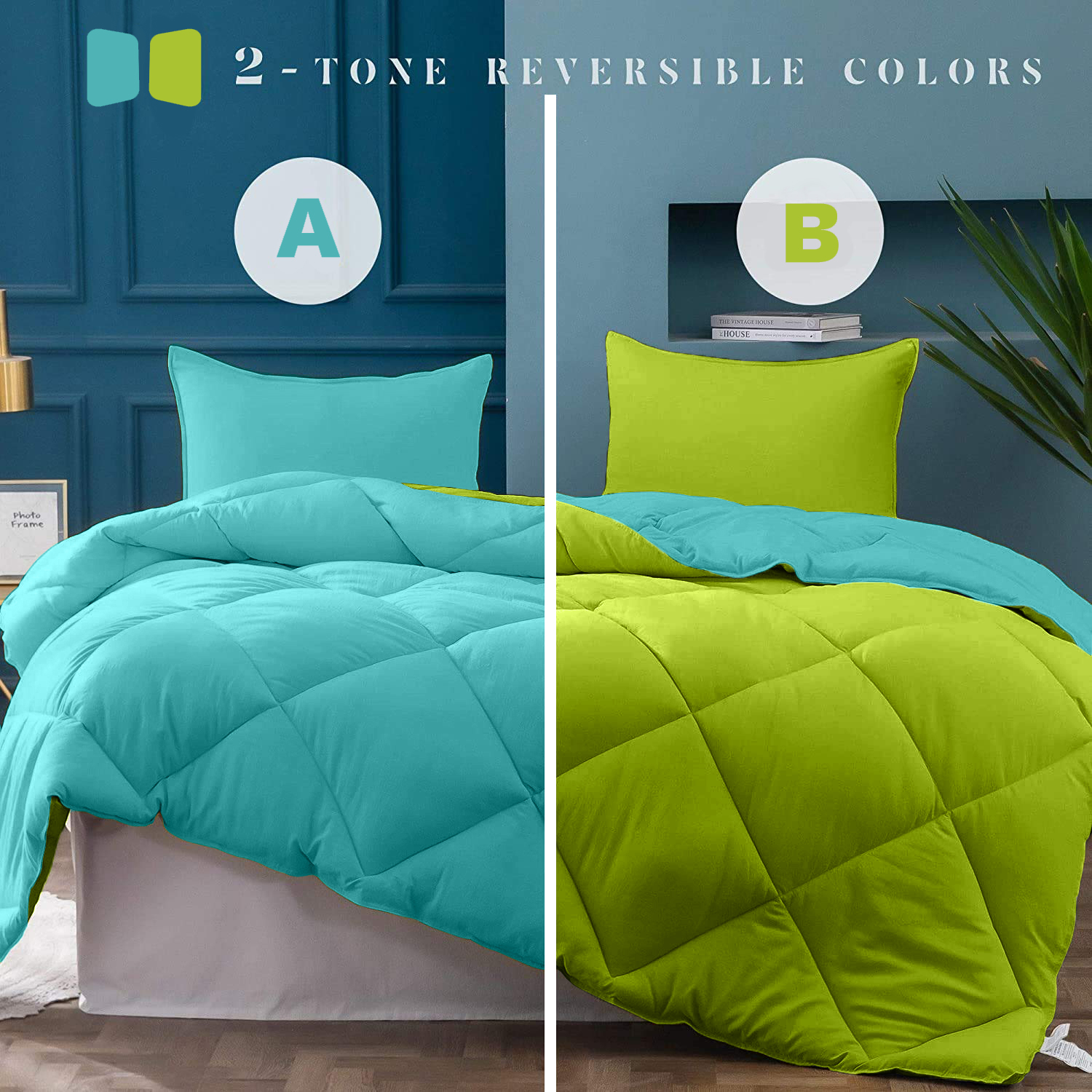 Sky Blue-Lemon Green  Double Bed Comforter