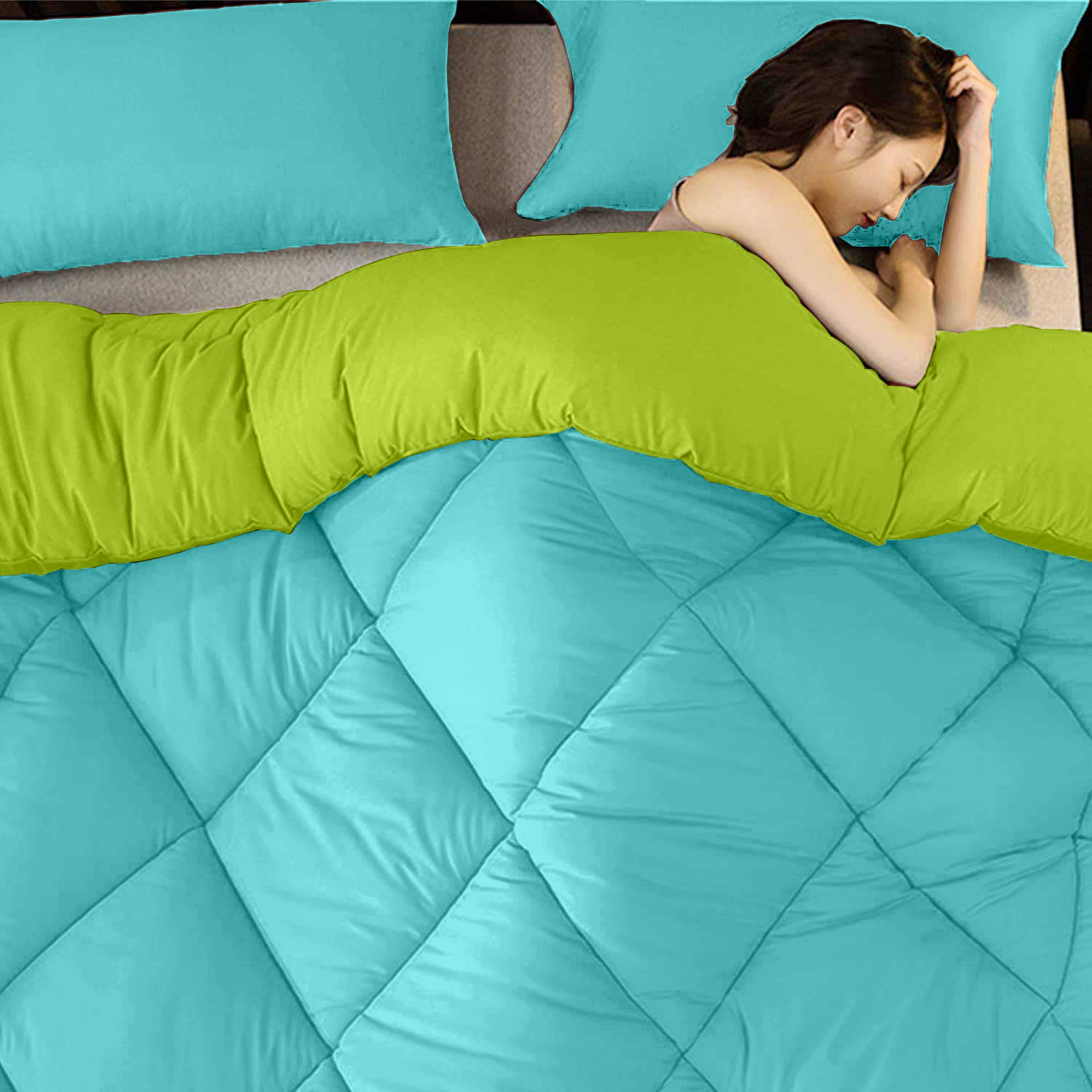 Sky Blue-Lemon Green  Double Bed Comforter