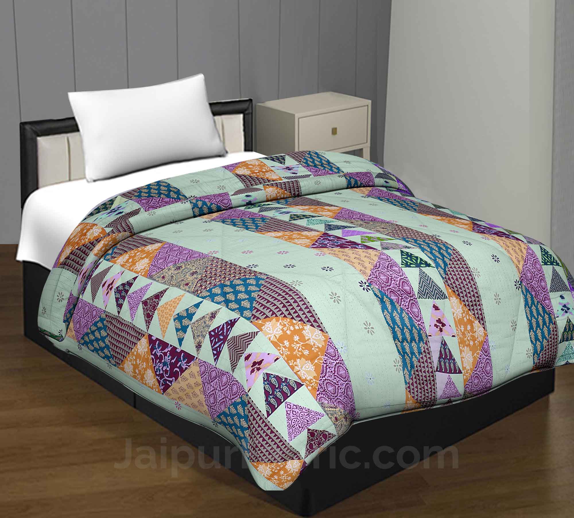 Olive Twill Cotton Single Bed With Colorful Patchwork Design Comforter