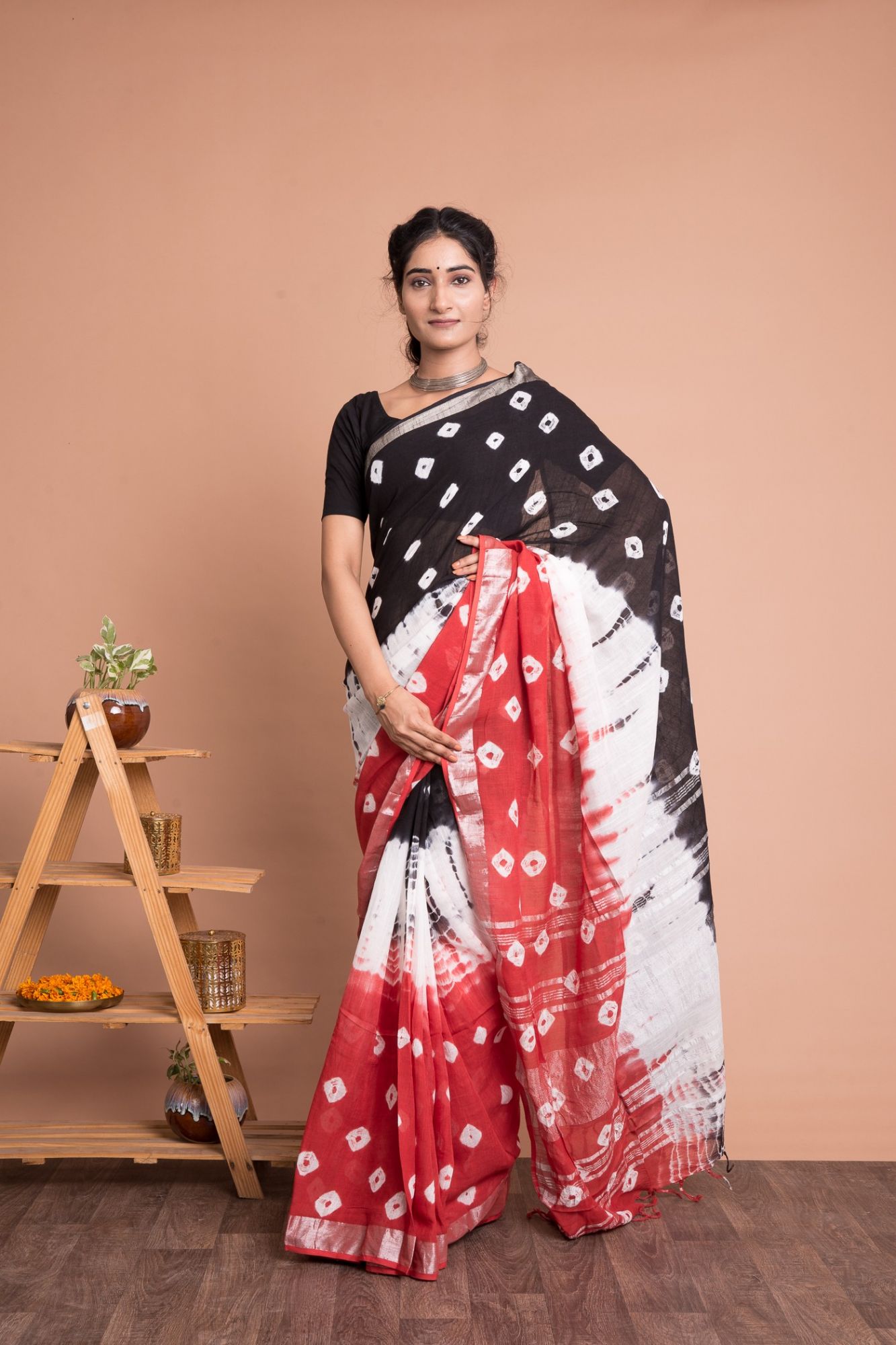 Multi-Color Women Tie And Dye Cotton Linen Saree with Unstitched Blouse