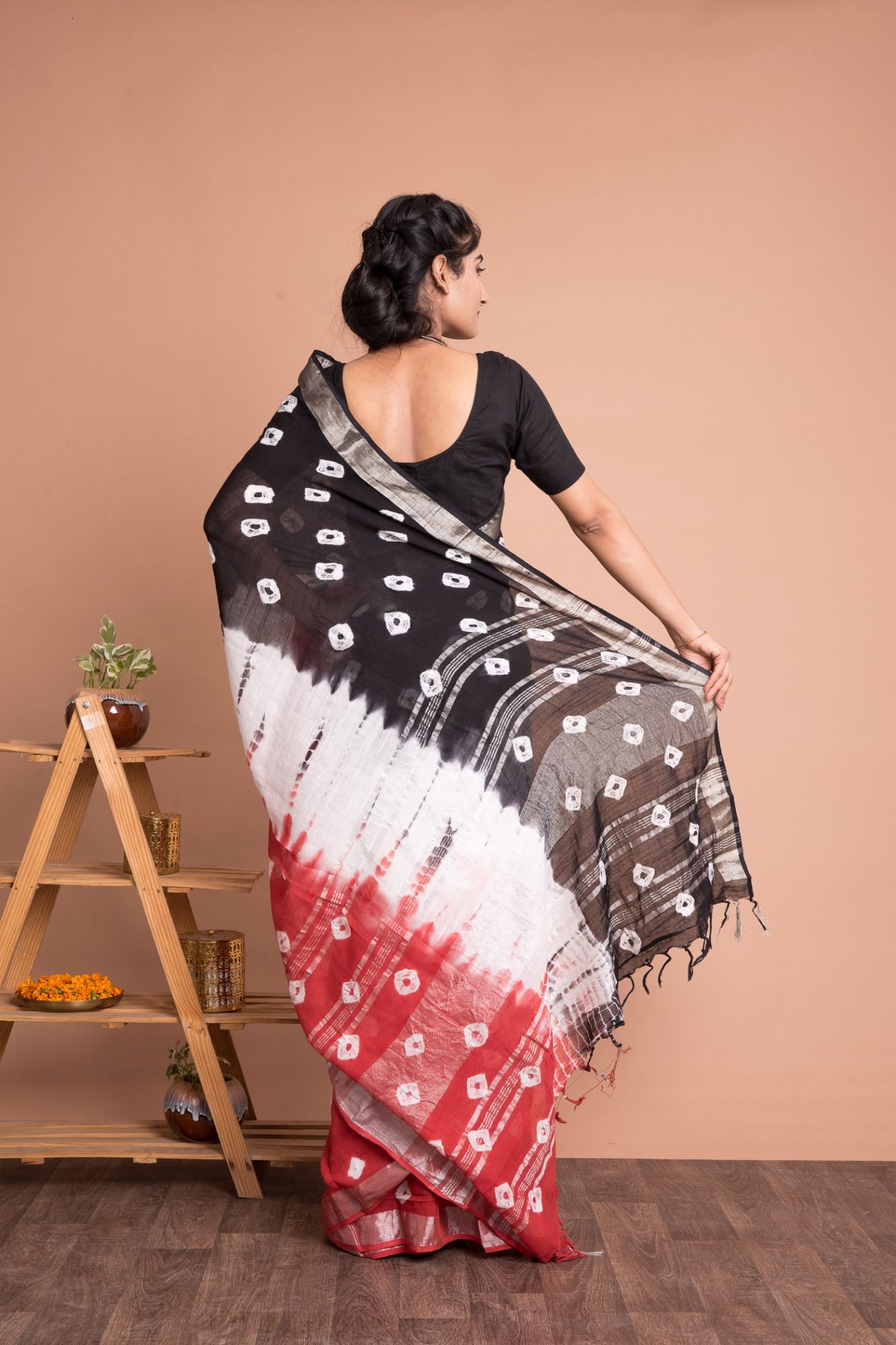 Multi-Color Women Tie And Dye Cotton Linen Saree with Unstitched Blouse