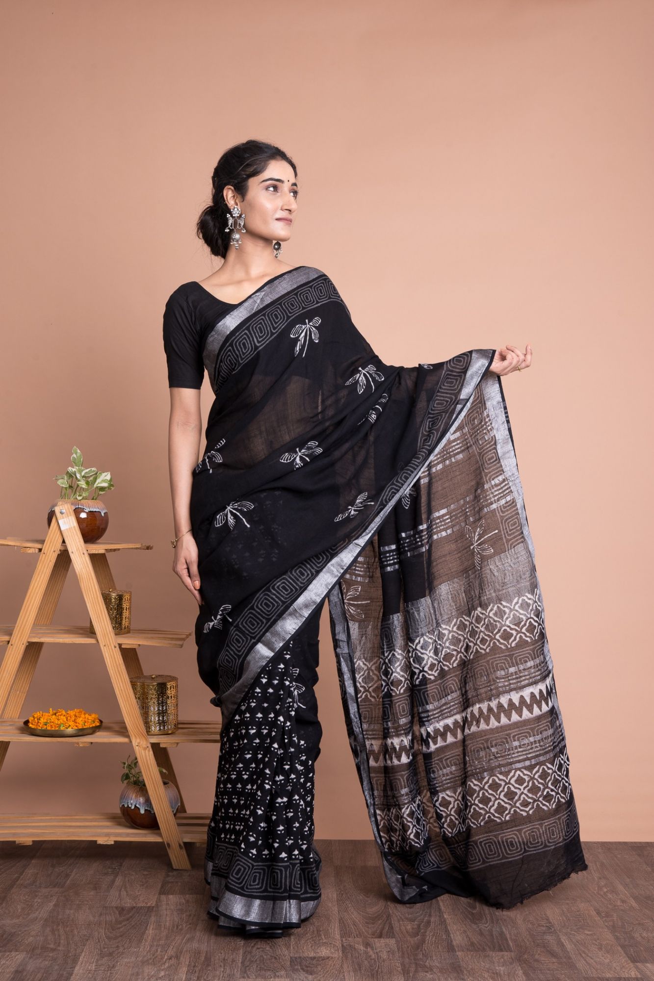 Hand Block Printed Cotton Linen Saree with Unstitched Blouse - Black